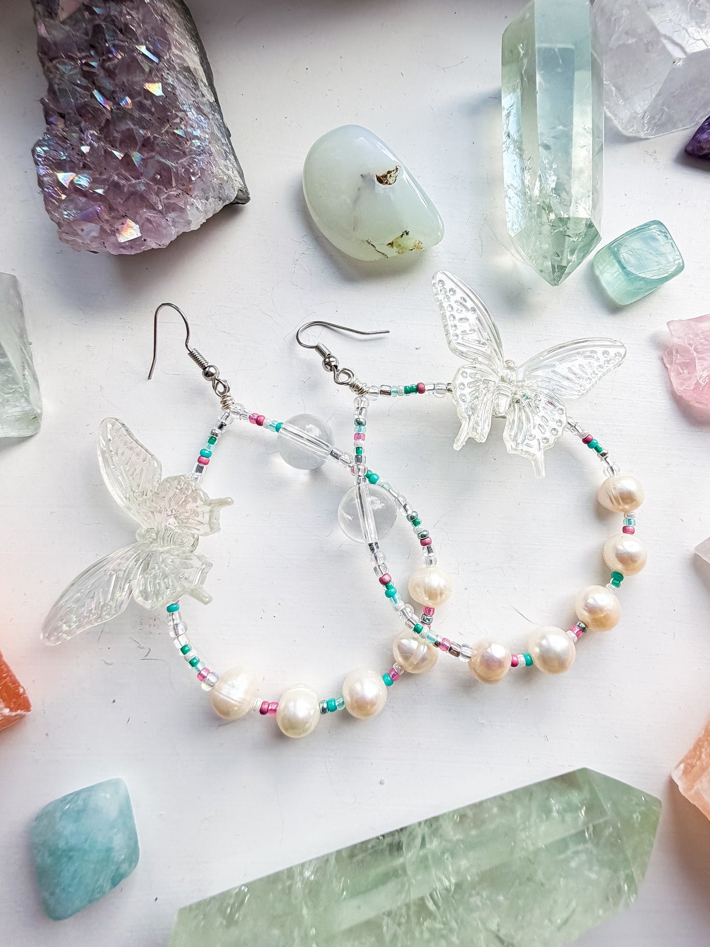 First Flutter - Clear quartz and iridescent butterfly + pearl & teal & pink seed bead earrings