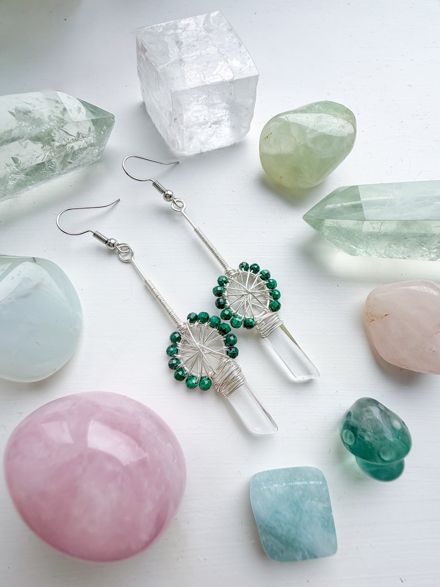 🌀 Spiral of Support Earrings - Micro-faceted Malachite & Polished Clear Quartz – Spoke Design Earrings