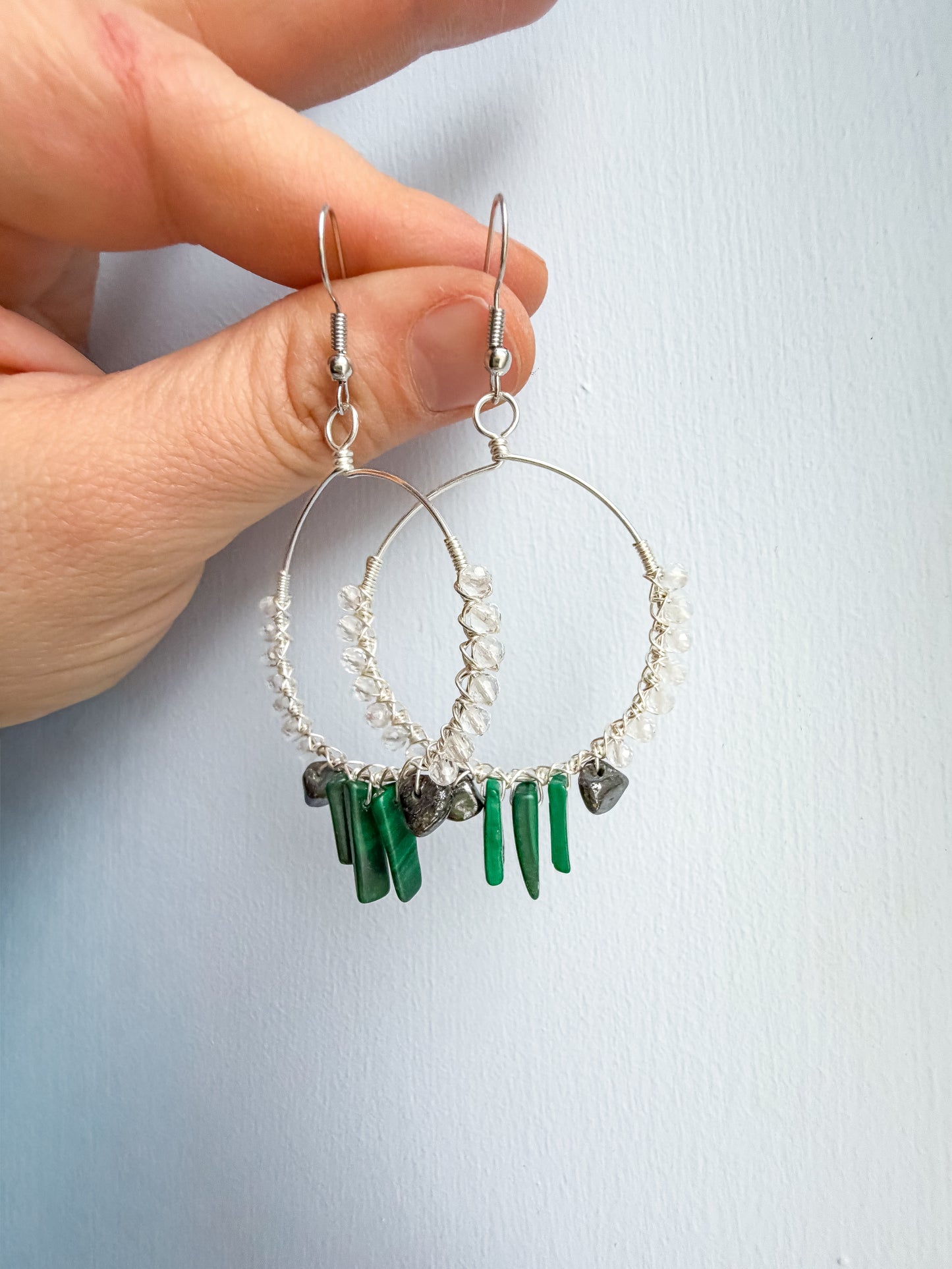 🦋 Stable Orbit Earrings - Micro-faceted Clear Quartz, Hematite & Malachite – Large Hoop Earrings