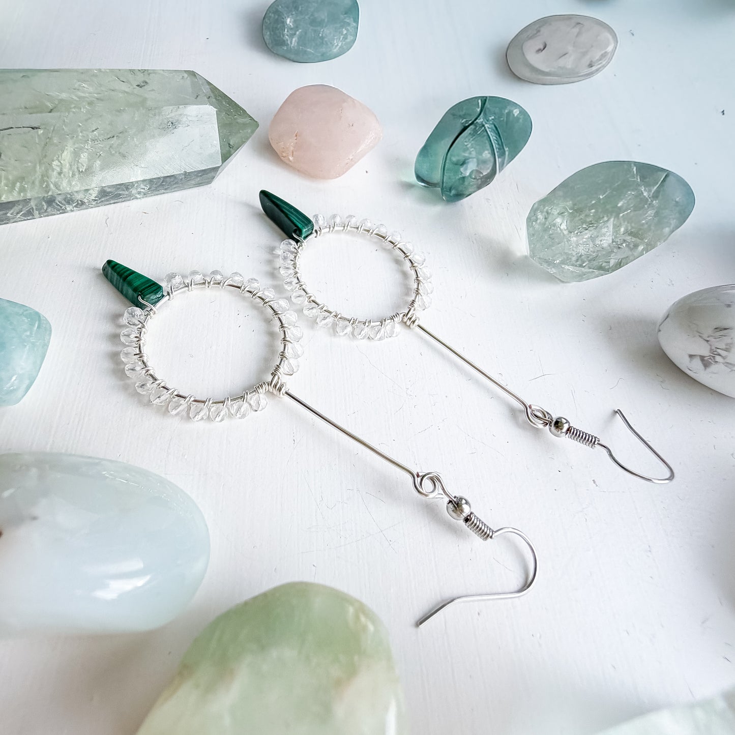 🌿 Quiet Alignment Earrings - Micro-faceted Clear Quartz & Malachite – Long Drop Hoop Earrings