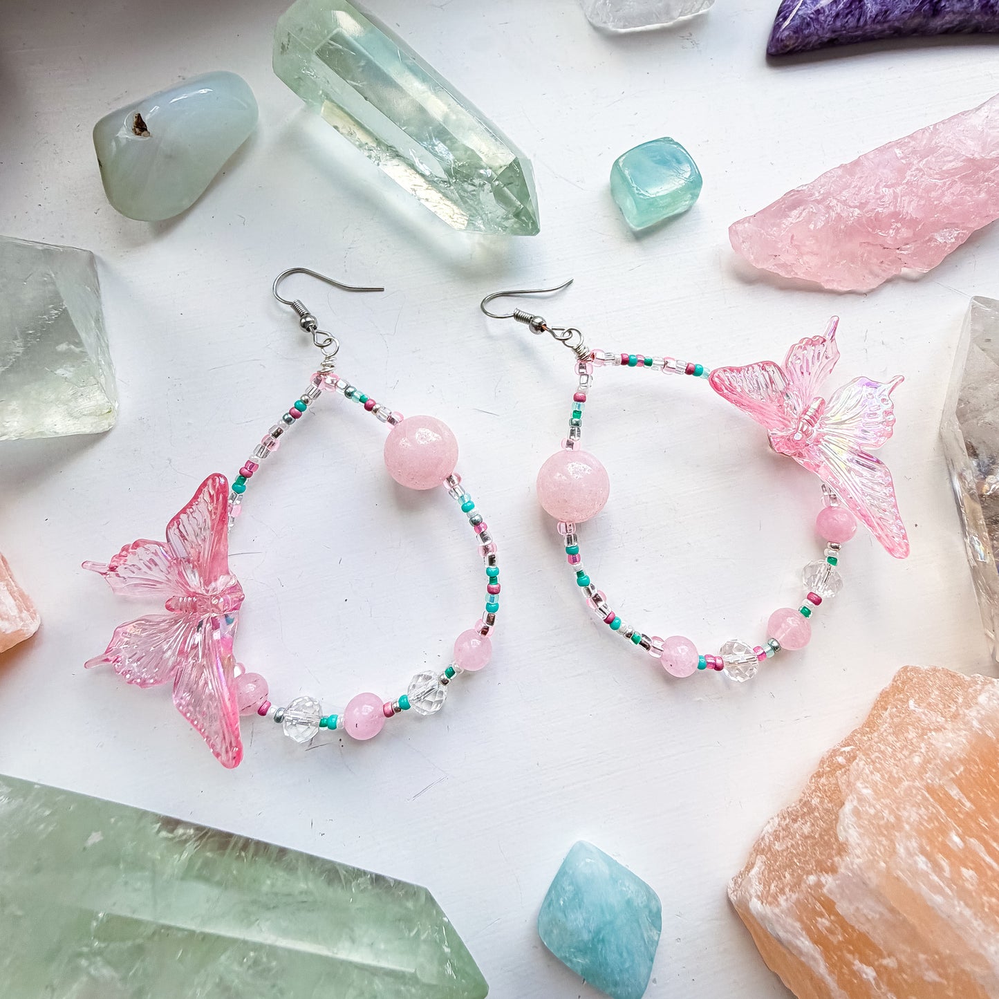 Soft Power - Pink butterfly + rose quartz & clear quartz earrings