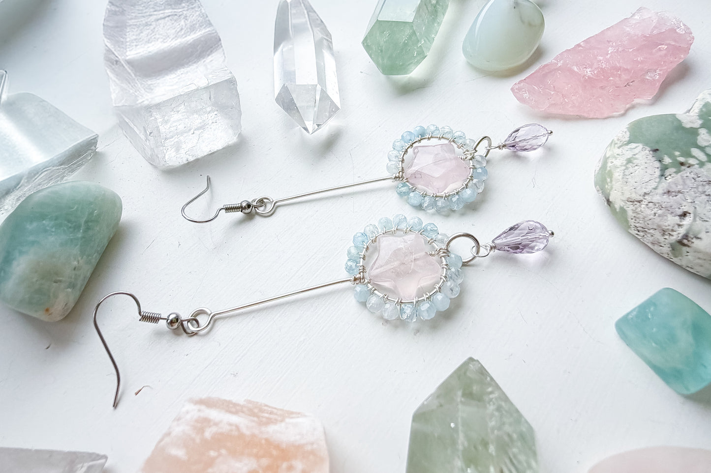✨🌸💎 Celestial Star Heart 💎🌸✨ - Long Drop Hoop Earrings with rose quartz, aquamarine and pink amethyst