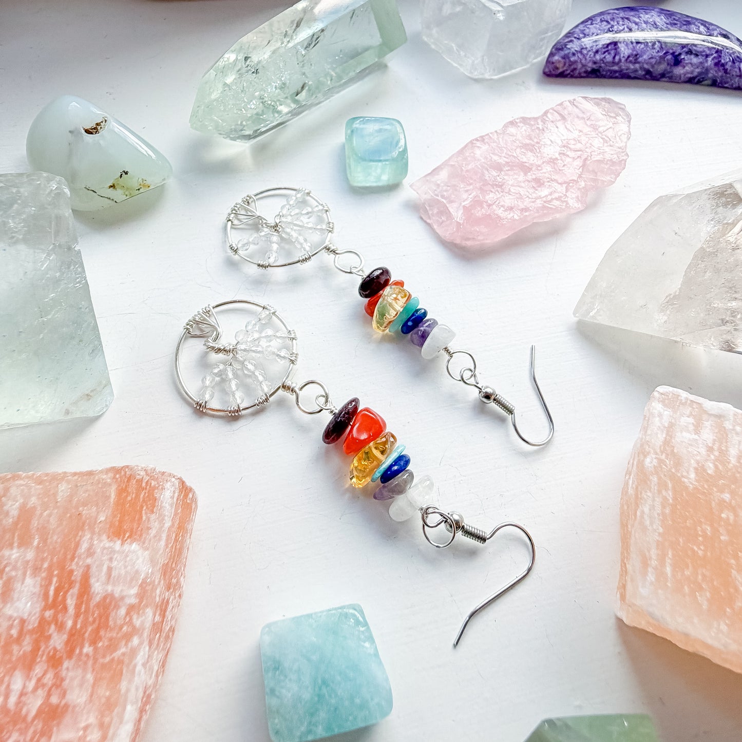 Clear Quartz Chakra Tree Of Life Earrings