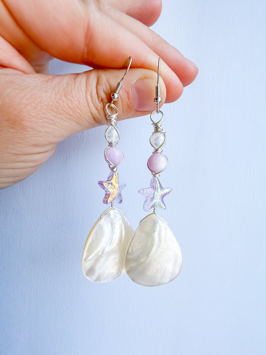 ✨💜 Soft Ocean Dream Earrings 💜✨ Kunzite & Mother of Pearl Shell Earrings | Handmade Dangle Earrings