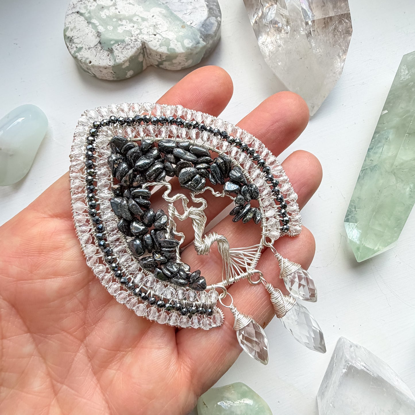 🌳 Protect Your Light - Hematite and clear quartz and smokey tree of life talisman 🌳