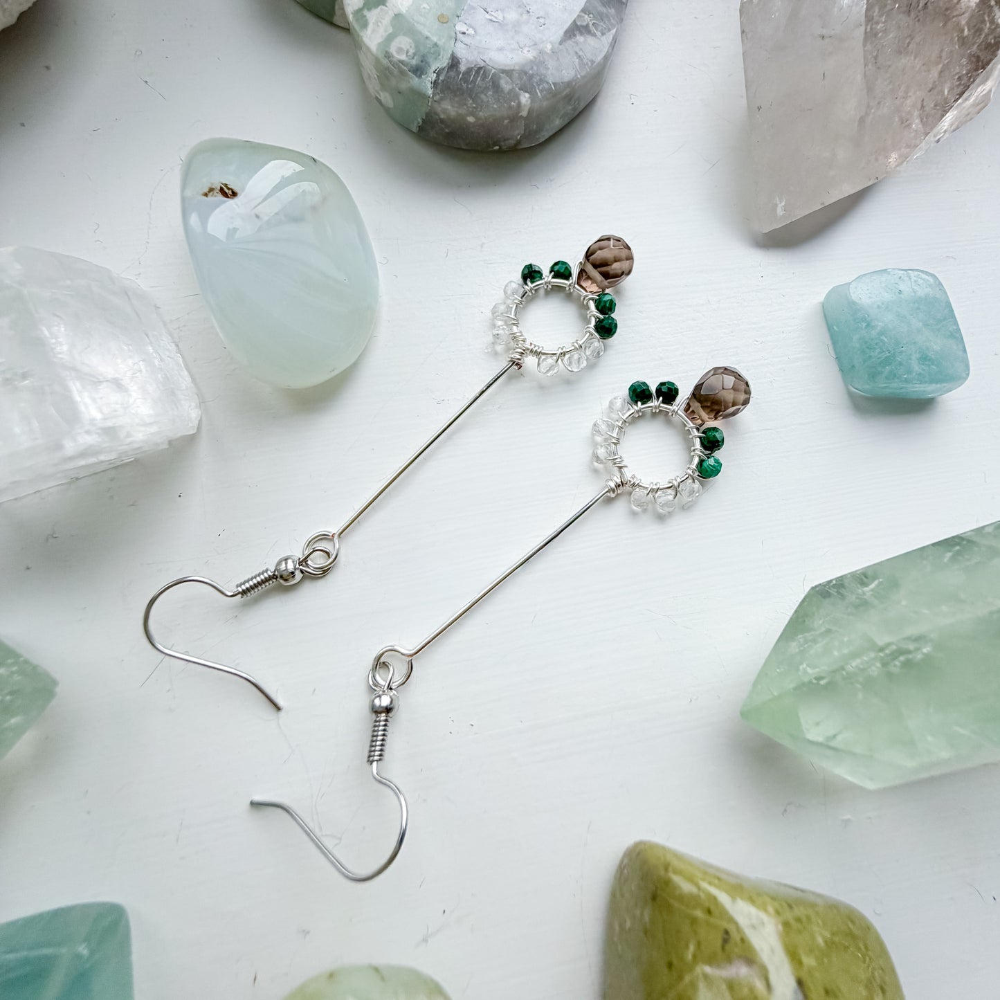 🌲 Return to Centre Long Drop Hoop Earrings – Clear Quartz, Malachite and Smoky Quartz
