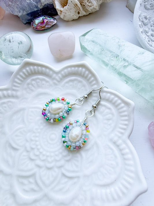 ✨ Rainbow Pearl Halo Earrings ✨ - Aquamarine and Pearl Earrings