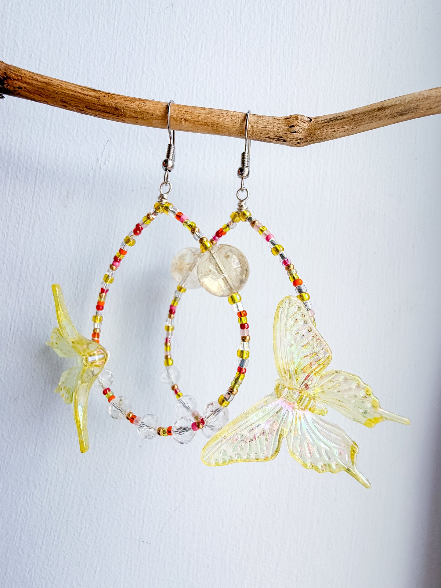 Golden Hour - Yellow butterfly + citrine & clear quartz earrings