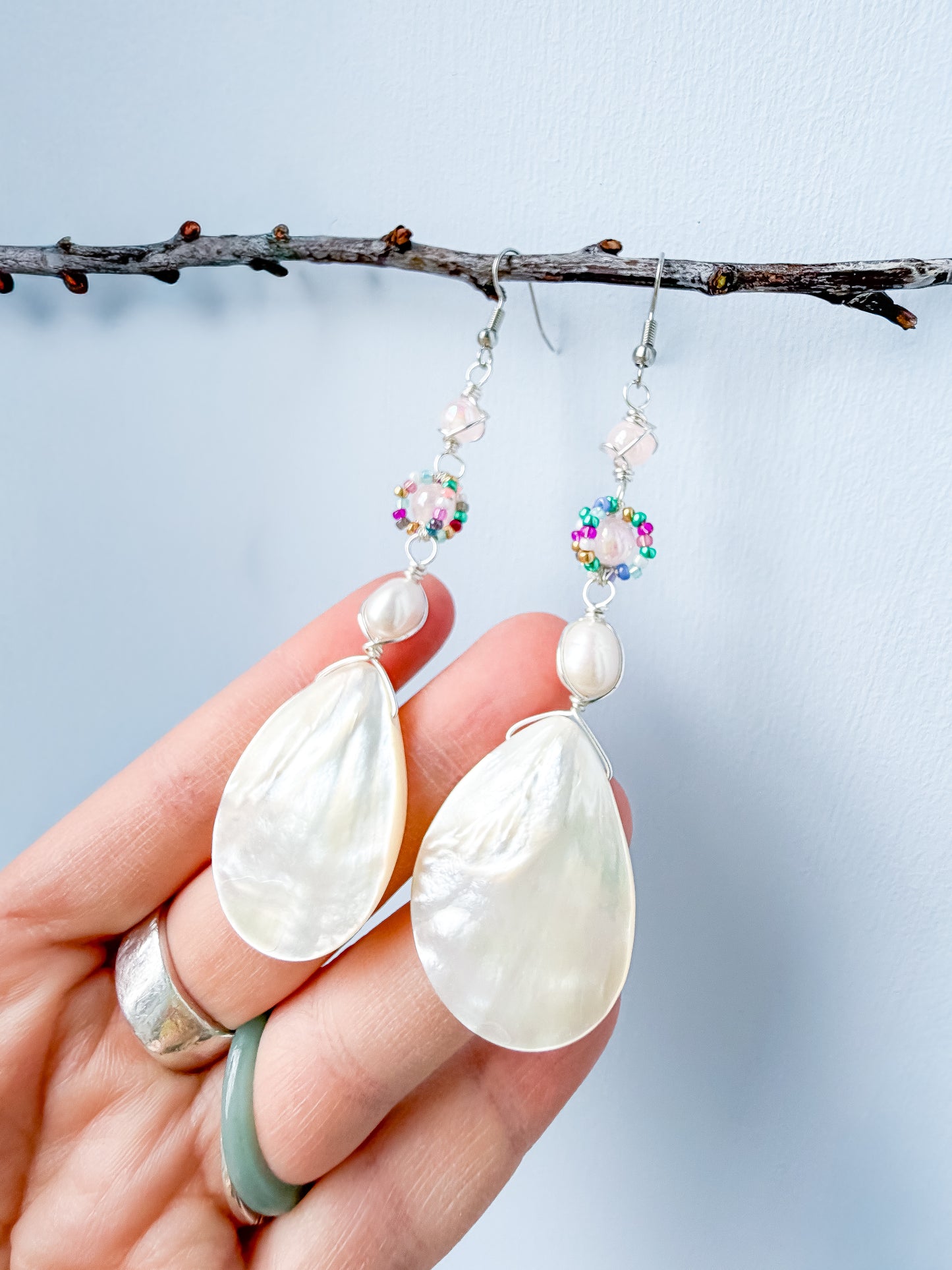 🌊🧜‍♀️✨ Mermaid’s Treasure Earrings ✨🧜‍♀️🌊  Mother of Pearl Shell Earrings | Long Handmade Dangle Earrings | Pearl & Selenite Earrings