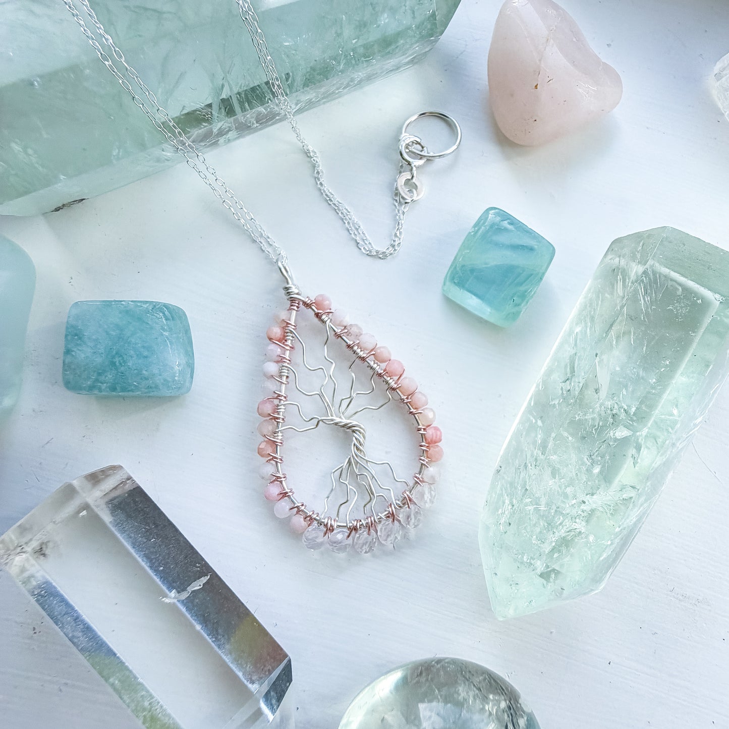🩷✨Heart Chakra Tree of Life ✨🩷 – Pink Opal & Clear Quartz Necklace