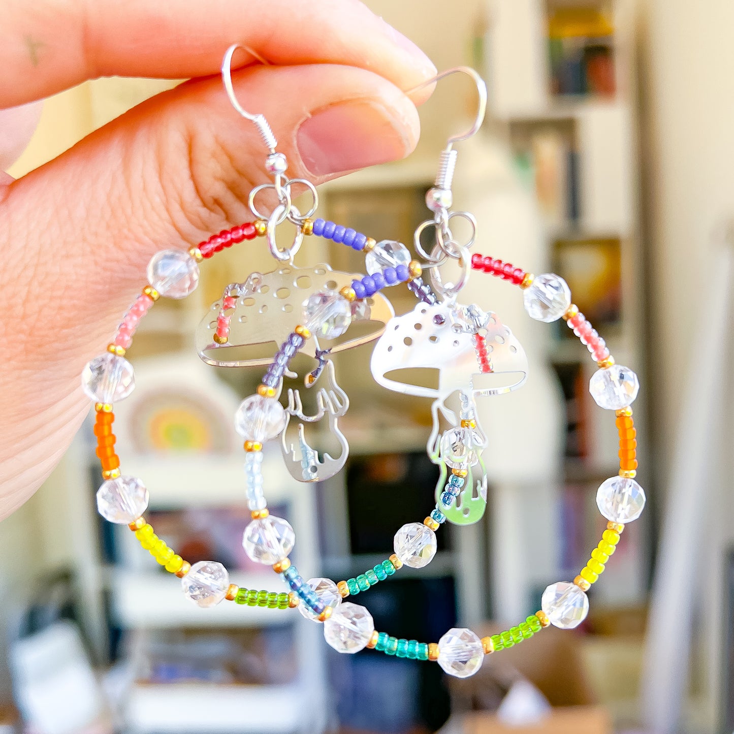 Silver mushie, clear quartz rainbow statement hoop earrings