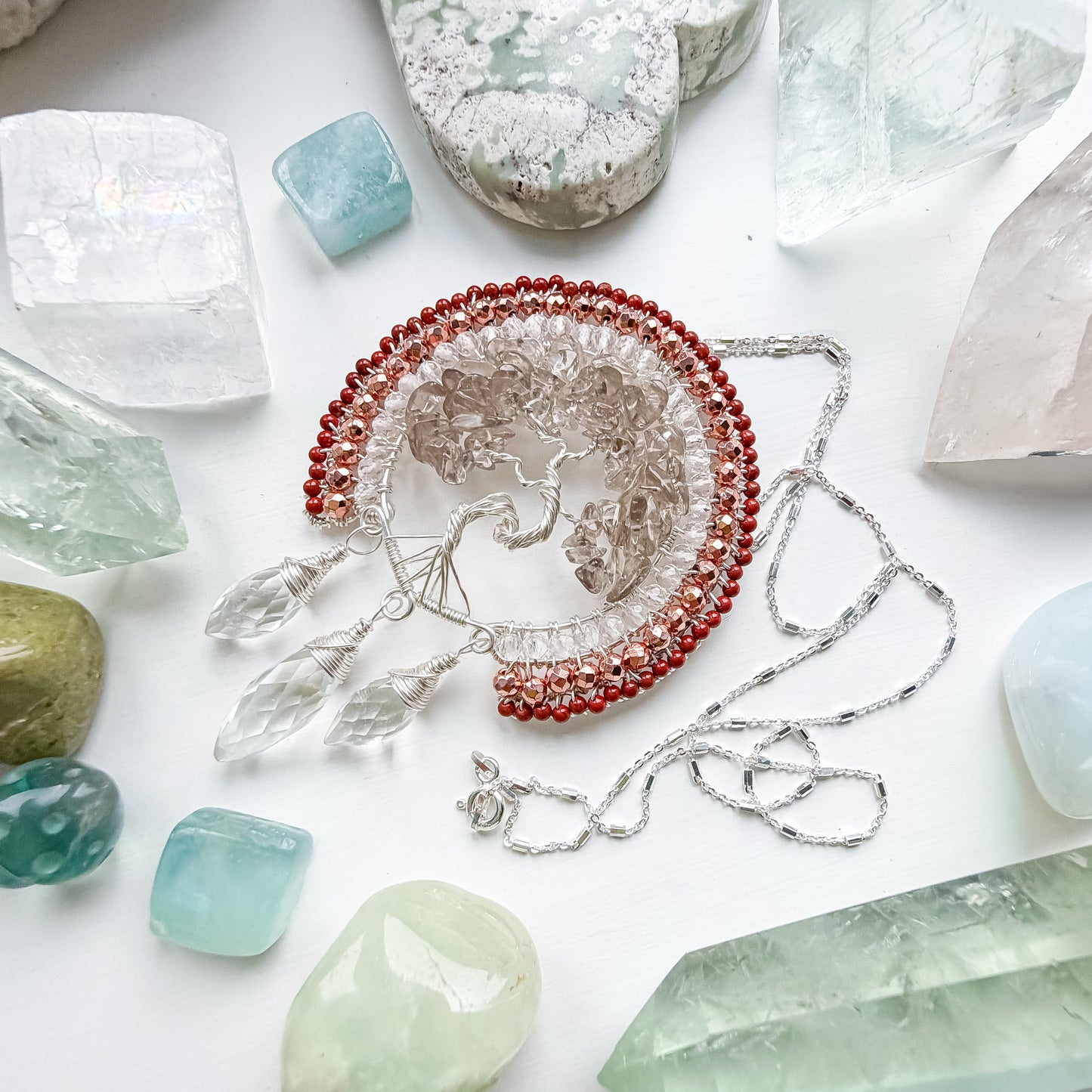 🌳 Where You Stand, You Shine – Grounding Light Tree of Life Talisman Necklace with Smoky Quartz, Clear Quartz, Red Jasper and Rose coloured Hematite