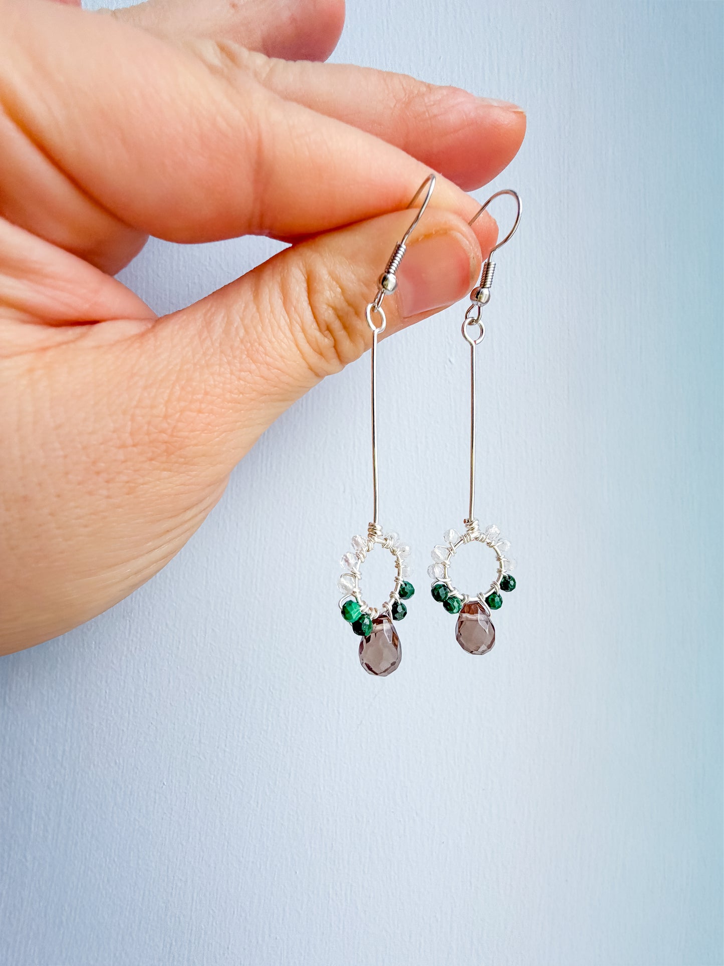 🌲 Return to Centre Long Drop Hoop Earrings – Clear Quartz, Malachite and Smoky Quartz