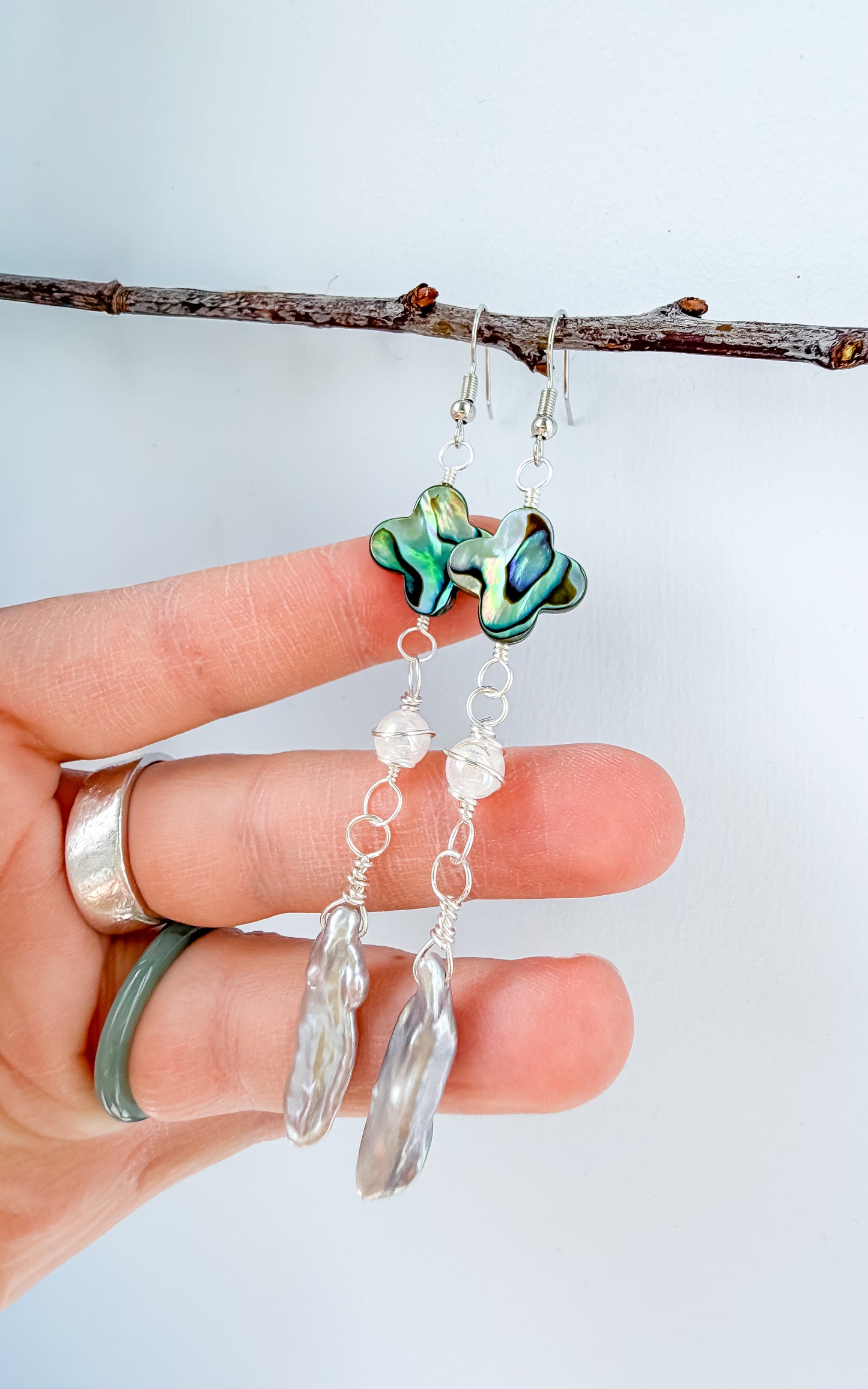 ✨💎 Atlantis Earrings 💎✨ Abalone & Silver Biwa Pearl Drop Earrings | Long Handmade Chain Earrings