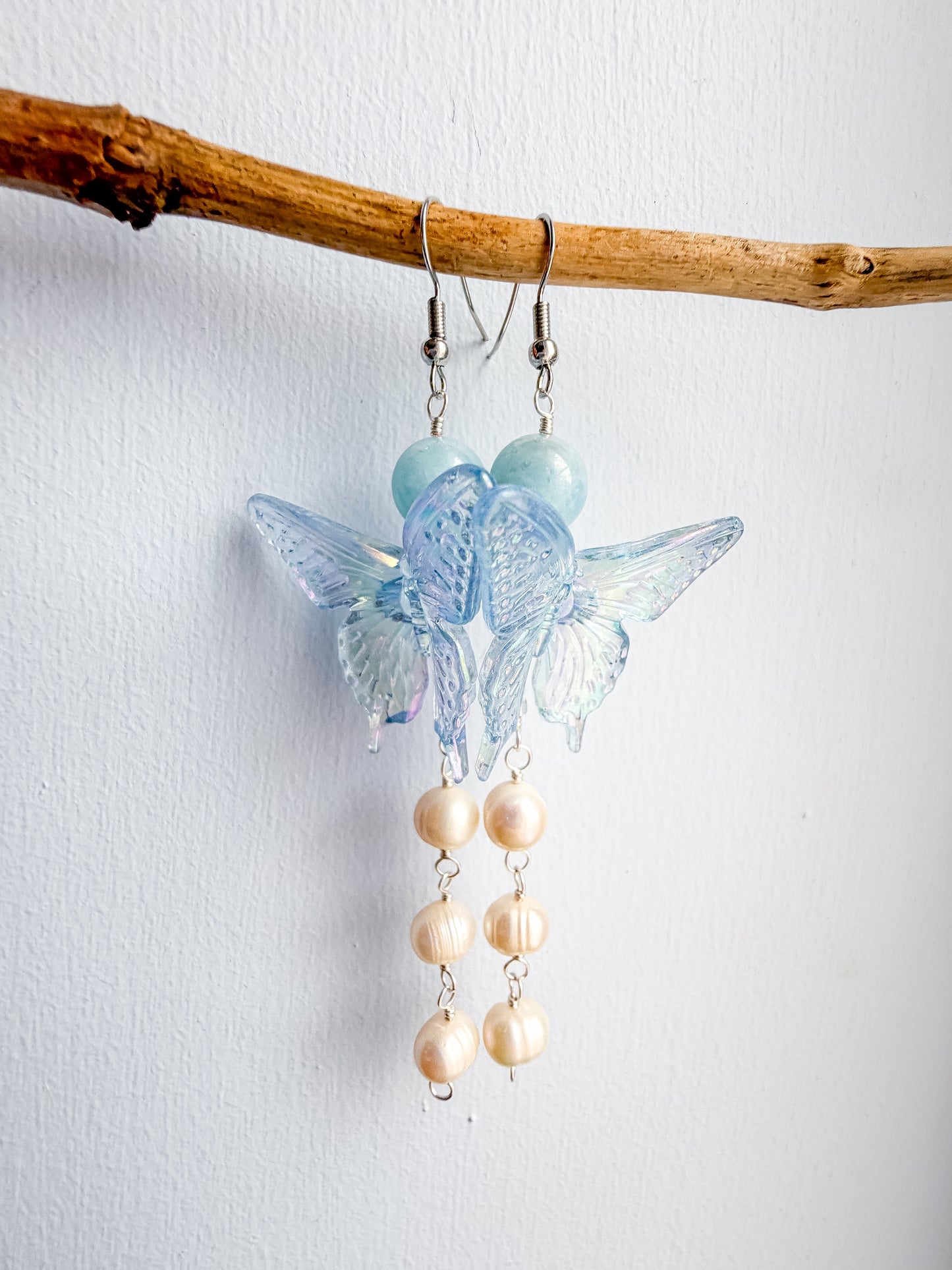 Blue butterfly + aquamarine + pearl drop chain earrings