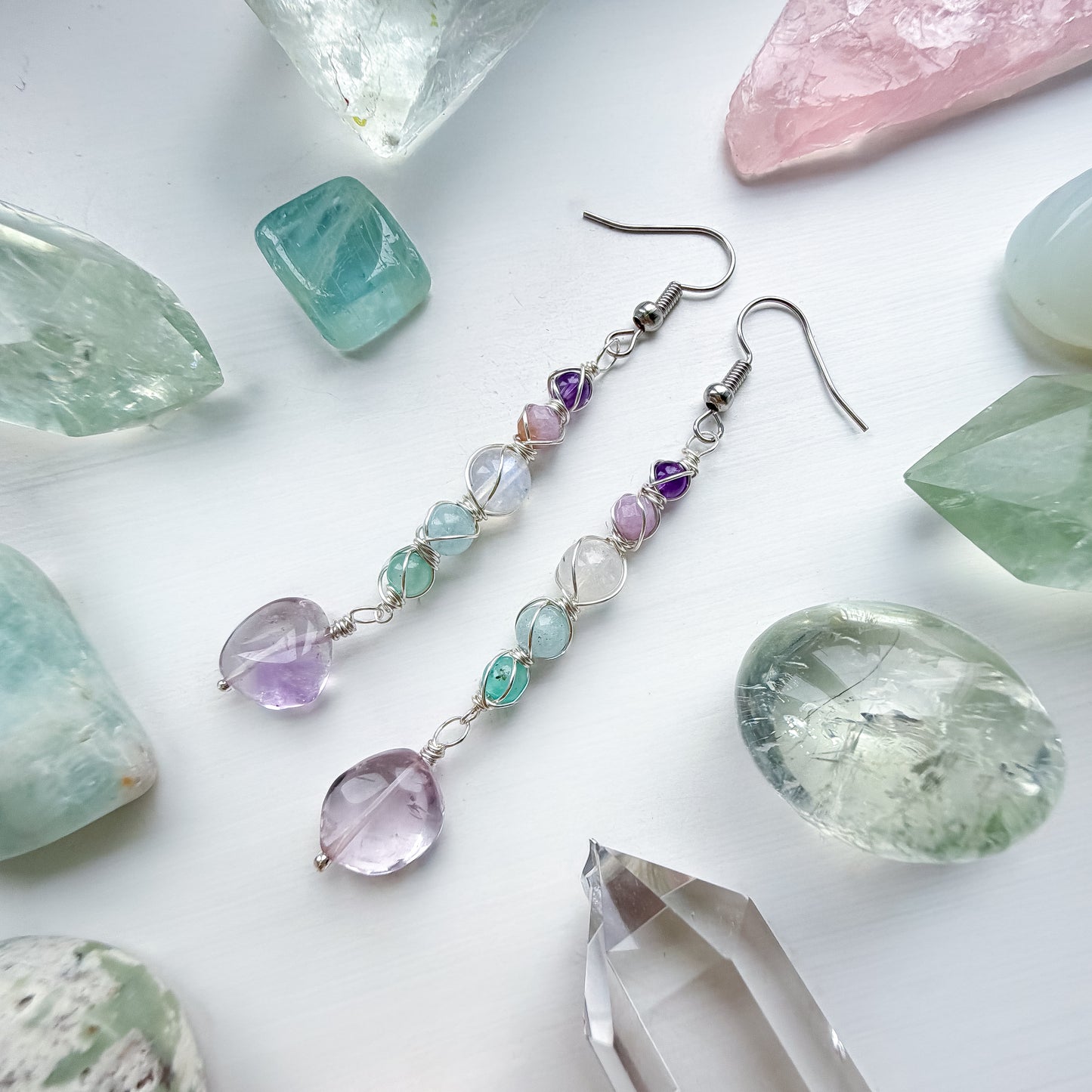 ✨🌈💎 Rainbow Aura Earrings 💎🌈✨ - Amethyst, Kunzite, Rainbow Moonstone, Aquamarine, Amazonite and Pink Amethyst Earrings