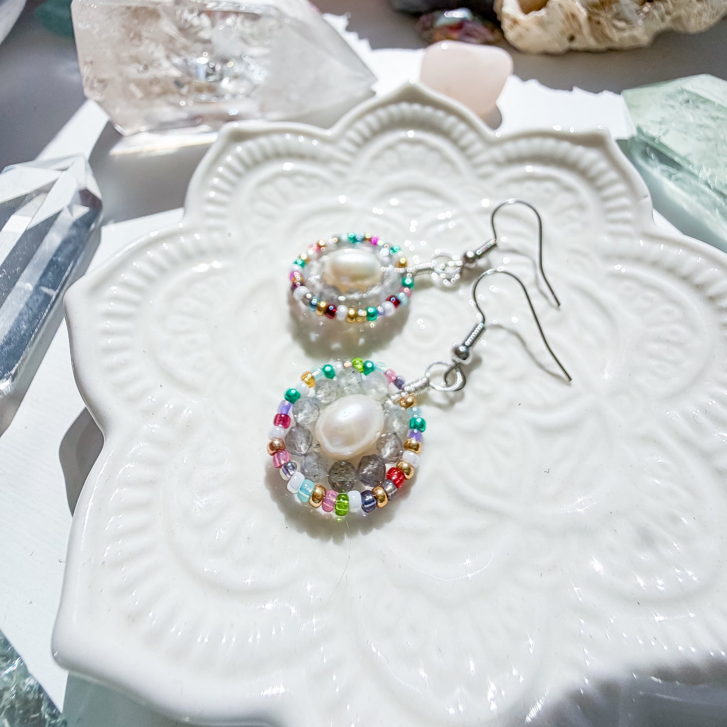 ✨ Rainbow Pearl Halo Earrings ✨ - Labradorite