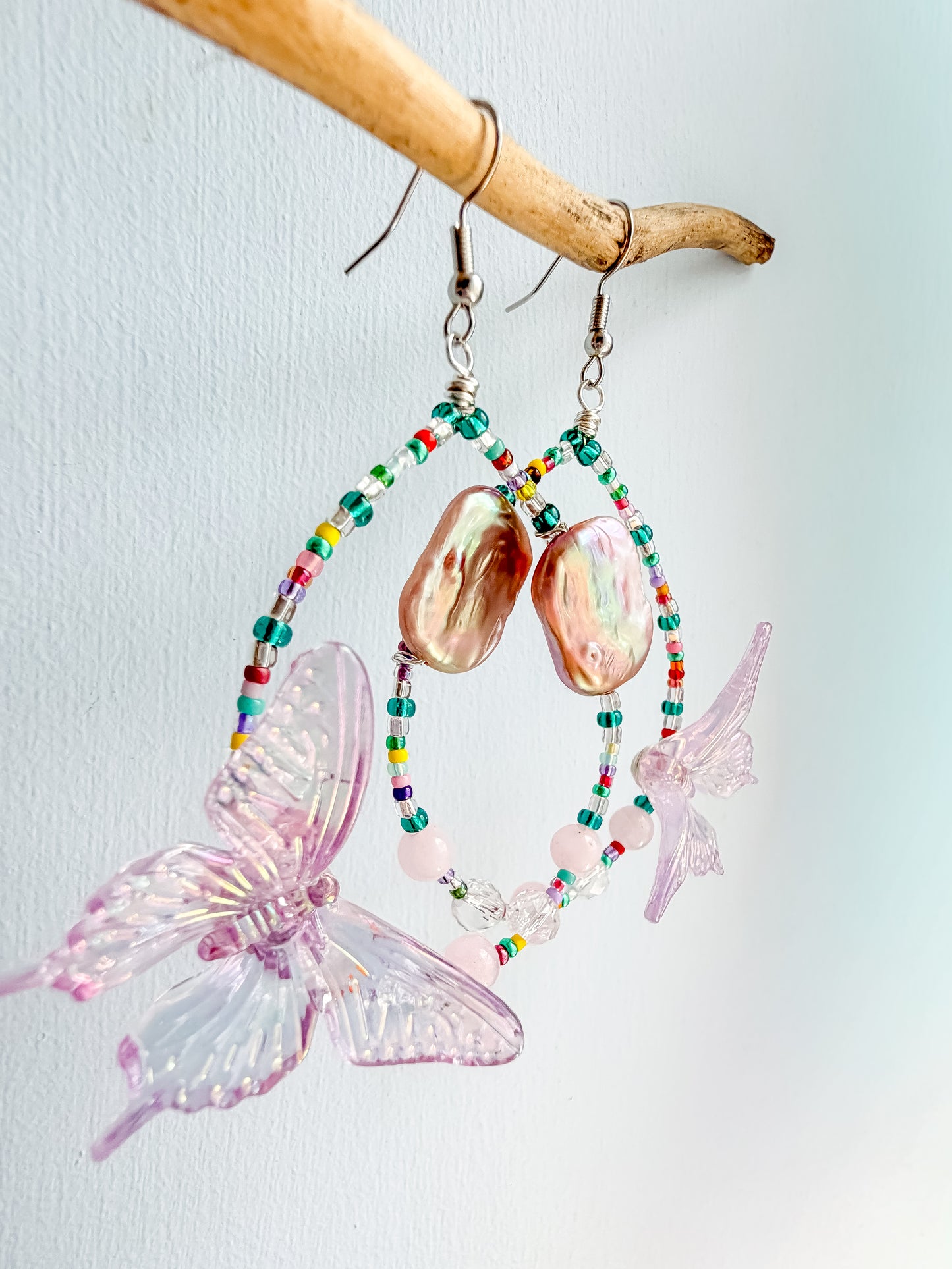 Wild Pearl - Lilac butterfly + baroque pearl & rose quartz and clear quartz earrings