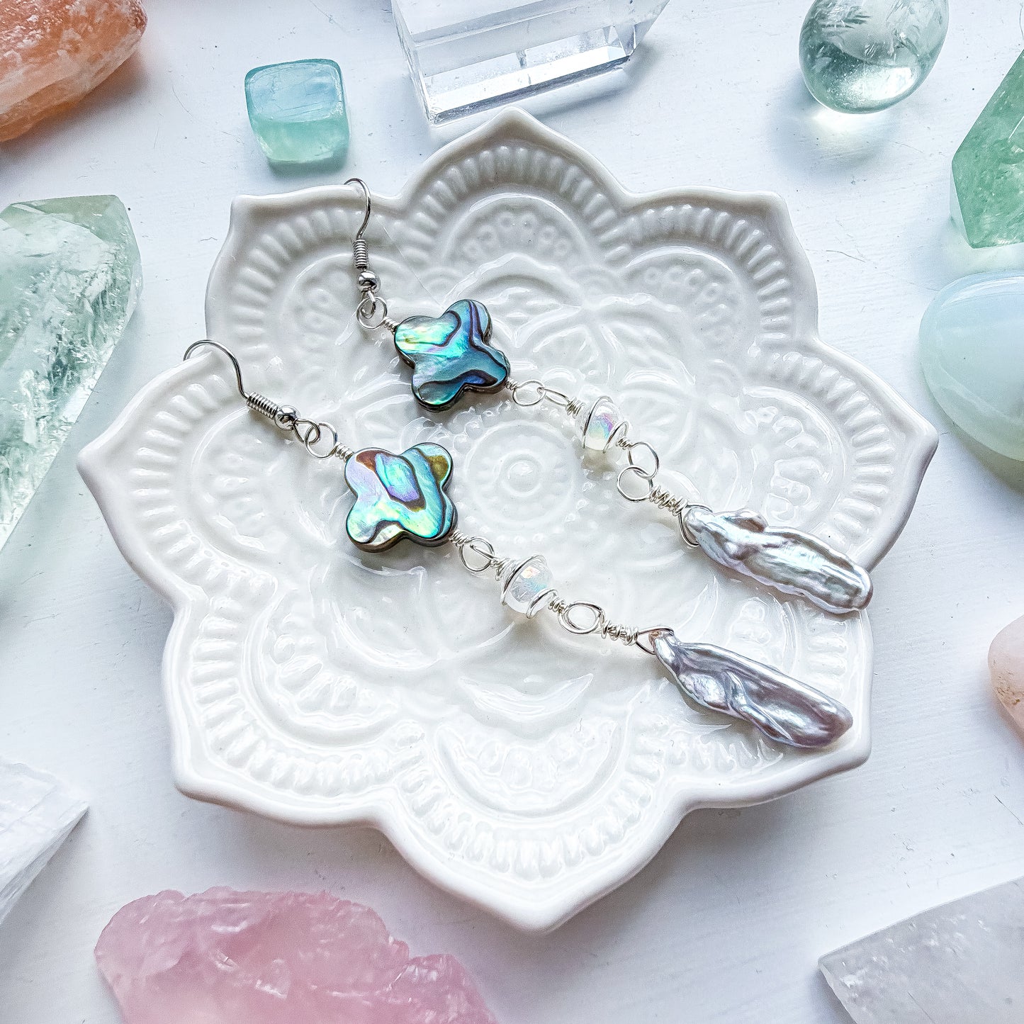 ✨💎 Atlantis Earrings 💎✨ Abalone & Silver Biwa Pearl Drop Earrings | Long Handmade Chain Earrings