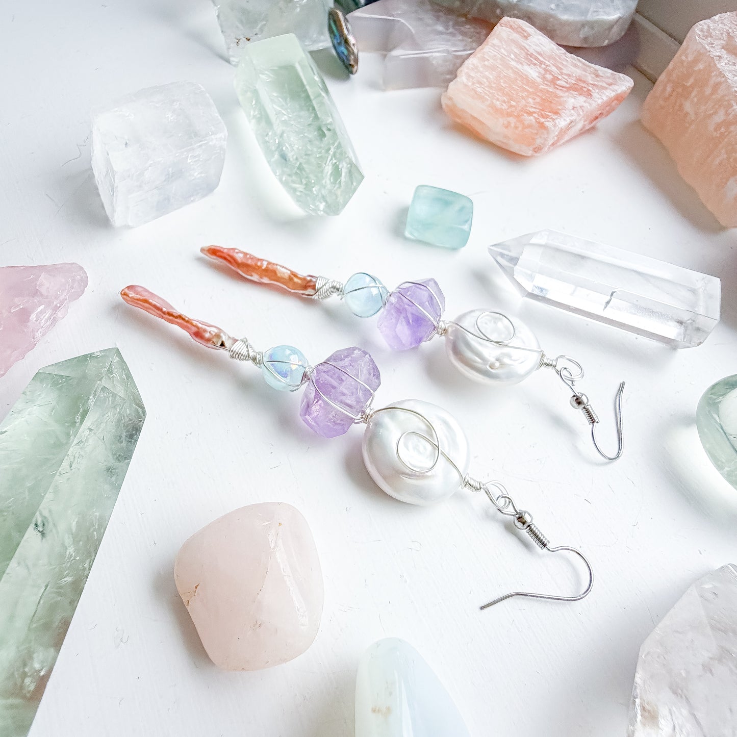 ✨ Siren Sister Pearl & Amethyst Earrings ✨ Keshi Pearl & Amethyst Dangle Earrings | Long Handmade Statement Earrings