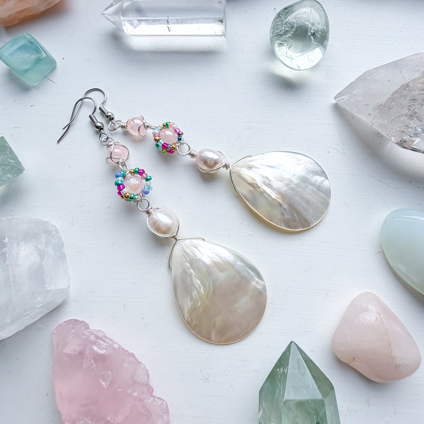 🌊🧜‍♀️✨ Mermaid’s Treasure Earrings ✨🧜‍♀️🌊  Mother of Pearl Shell Earrings | Long Handmade Dangle Earrings | Pearl & Selenite Earrings