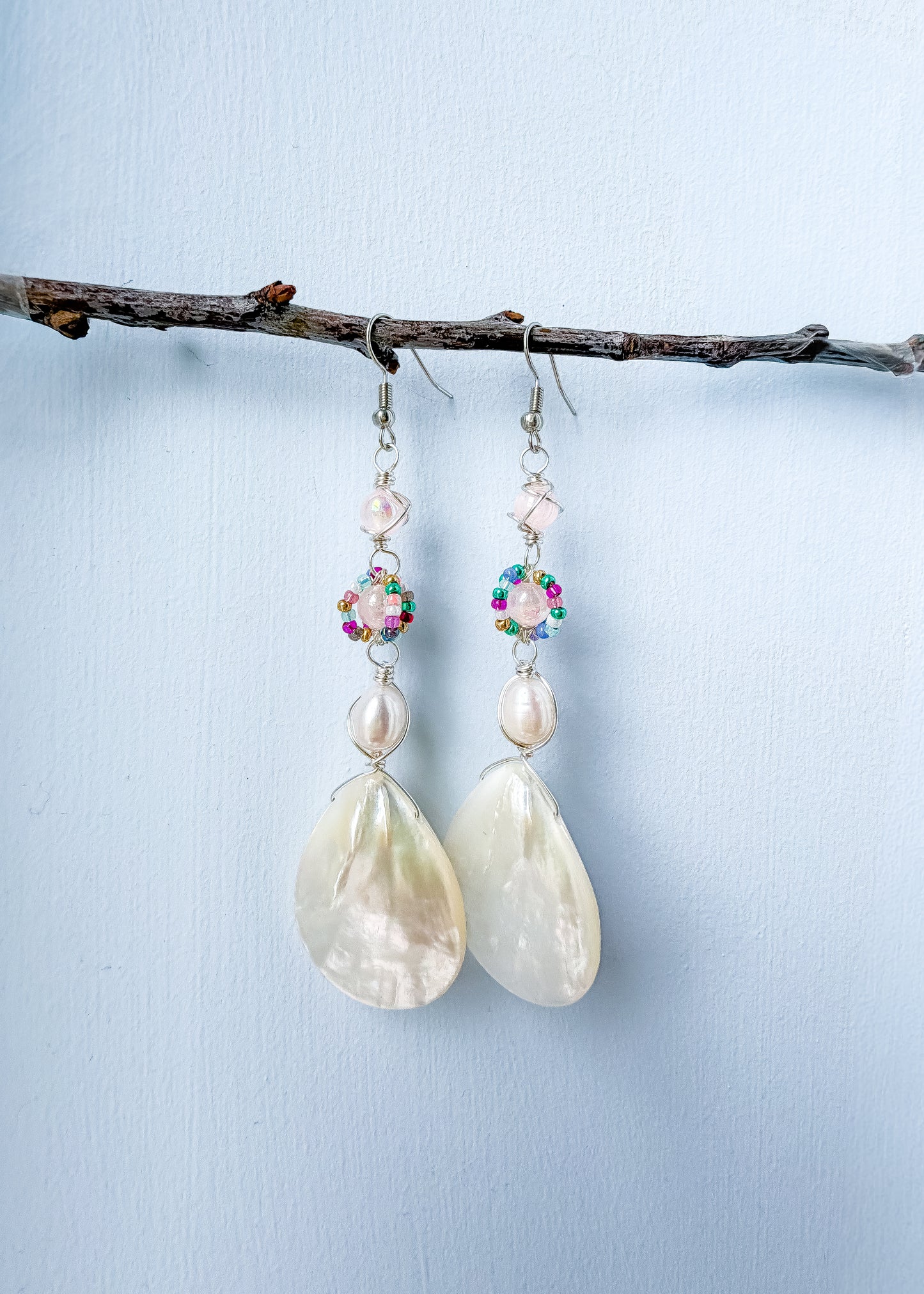 🌊🧜‍♀️✨ Mermaid’s Treasure Earrings ✨🧜‍♀️🌊  Mother of Pearl Shell Earrings | Long Handmade Dangle Earrings | Pearl & Selenite Earrings