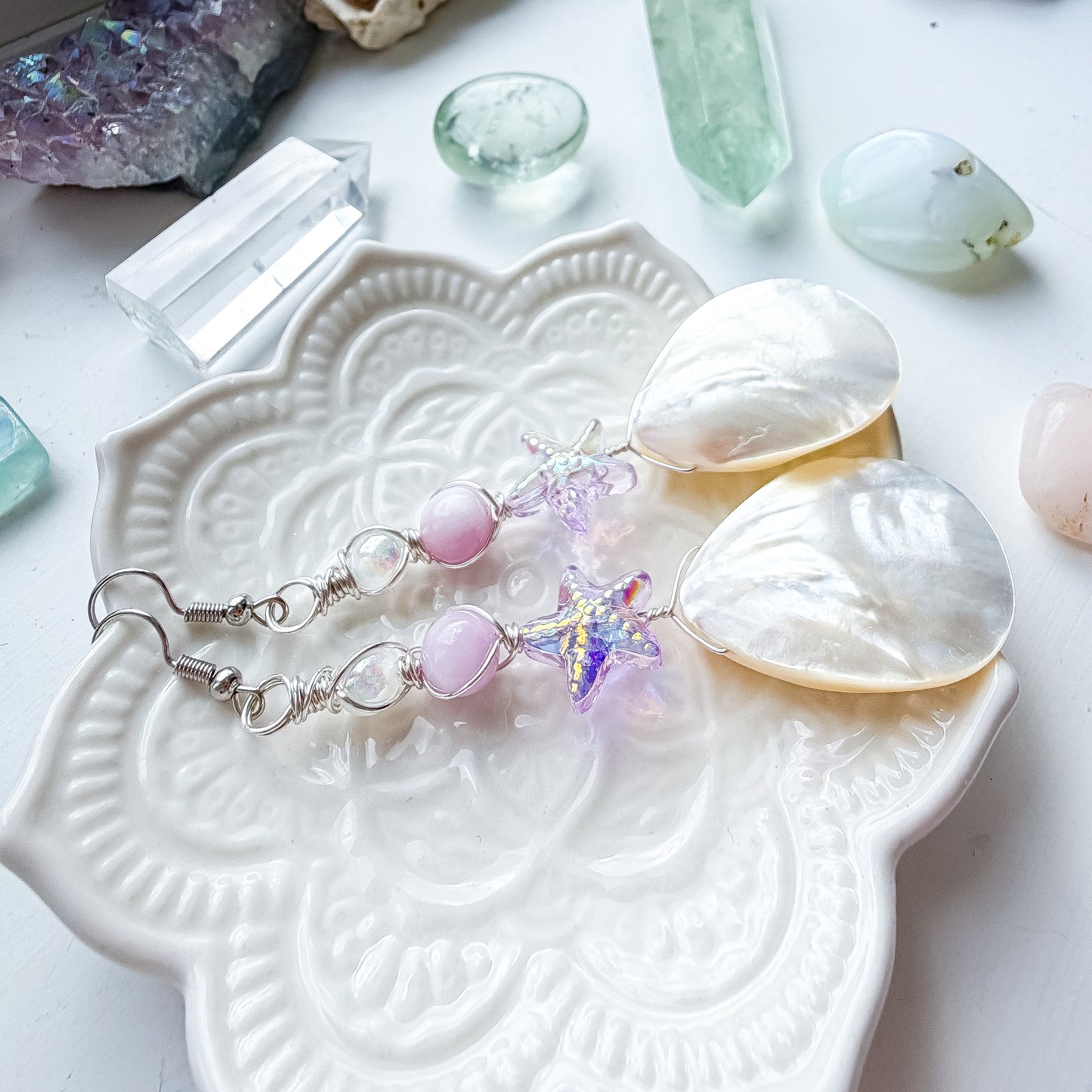 ✨💜 Soft Ocean Dream Earrings 💜✨ Kunzite & Mother of Pearl Shell Earrings | Handmade Dangle Earrings