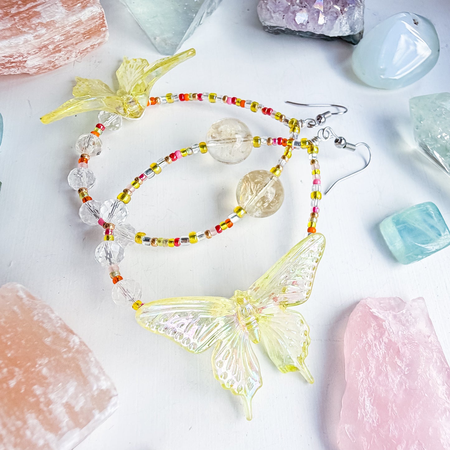 Golden Hour - Yellow butterfly + citrine & clear quartz earrings