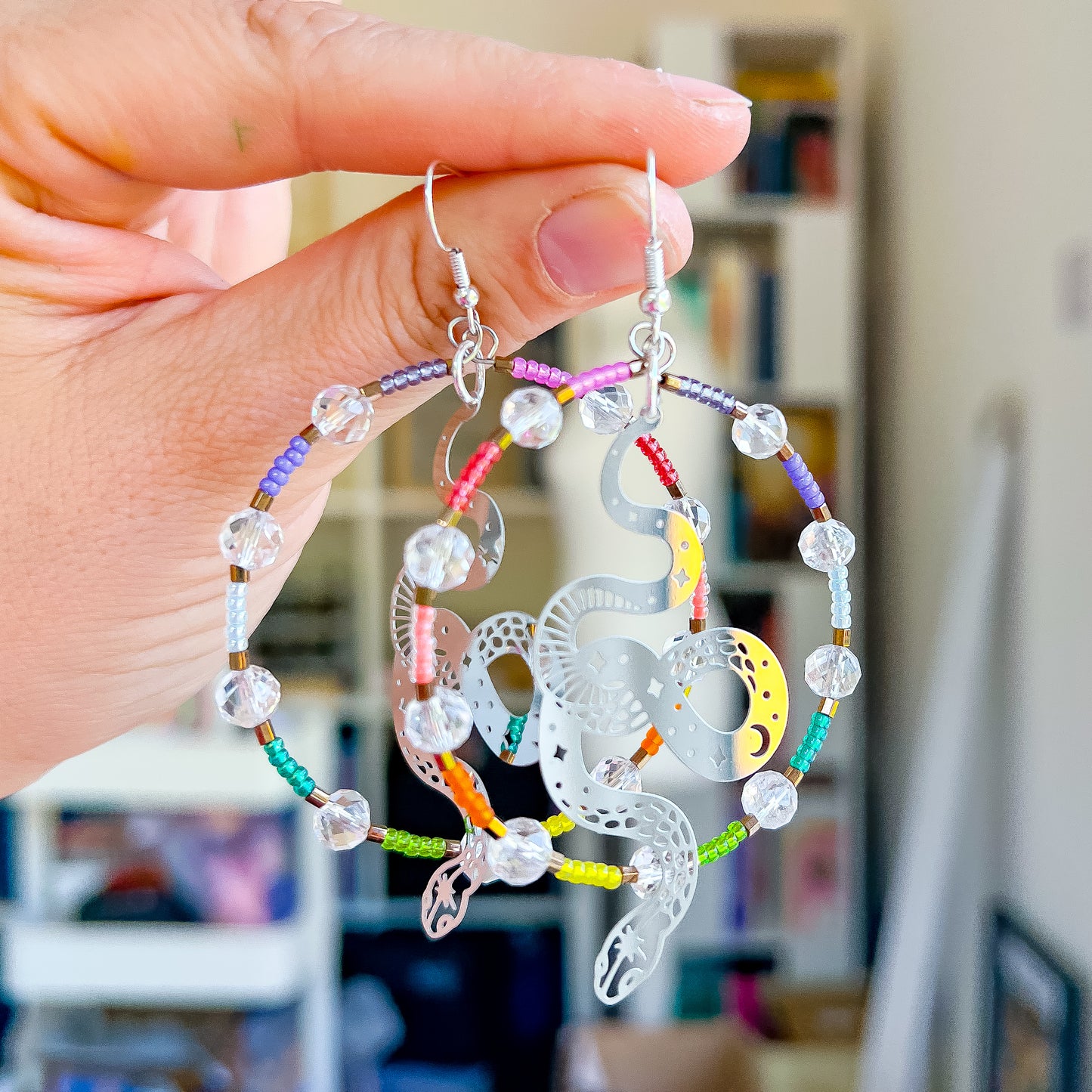 Silver snake, clear quartz rainbow statement hoop earrings