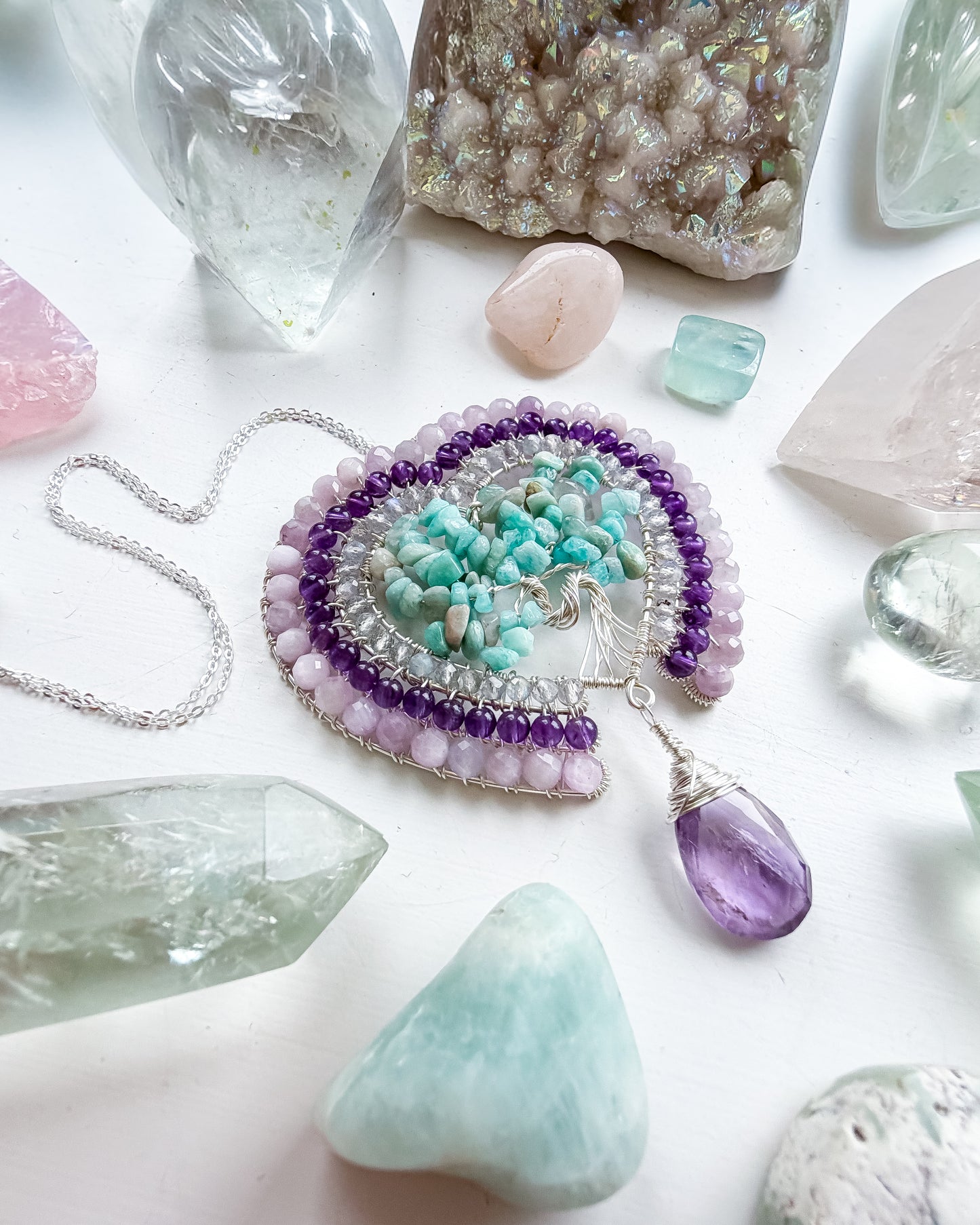 ✨💎🩷 Mystic Heart Tree Of Life Pendant 🩷💎✨ Amazonite, Labraorite, Amethyst and Kunzite Necklace