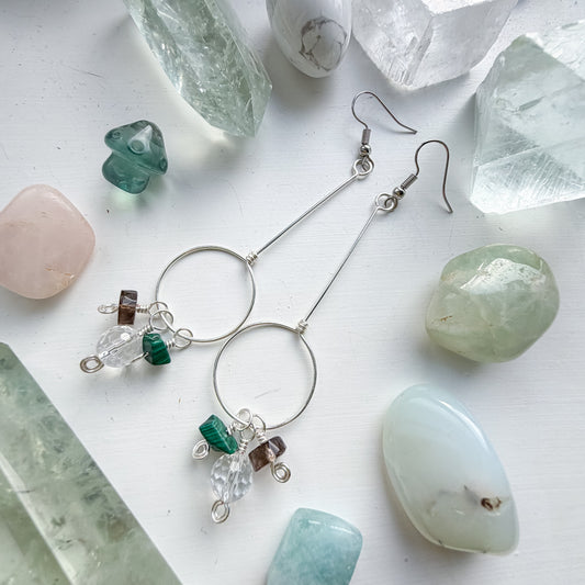 💚🤍🤎  Held in Stillness - Long Drop Hoop Earrings with Malachite, Smoky Quartz and Clear Quartz