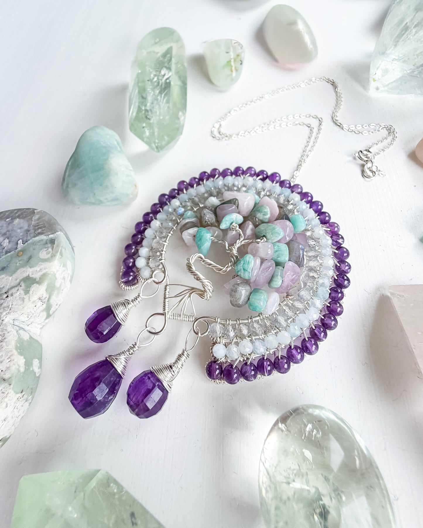 ✨🌸🌳 Enchanted Garden Tree Of Life Pendant 🌳🌸✨ Amazonite, Labraorite, Kunzite, Aquamarine and Amethyst Necklace