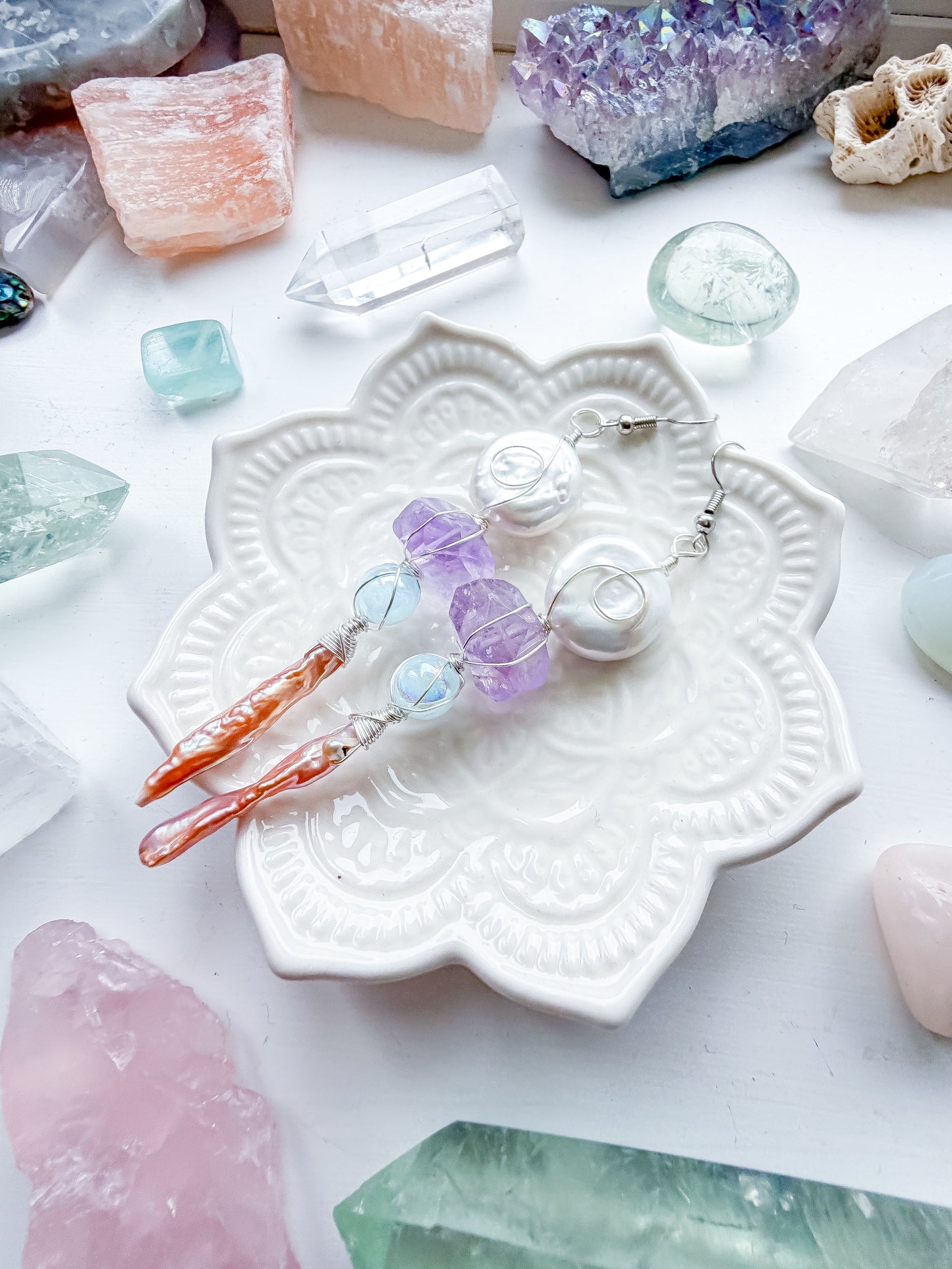 ✨ Siren Sister Pearl & Amethyst Earrings ✨ Keshi Pearl & Amethyst Dangle Earrings | Long Handmade Statement Earrings