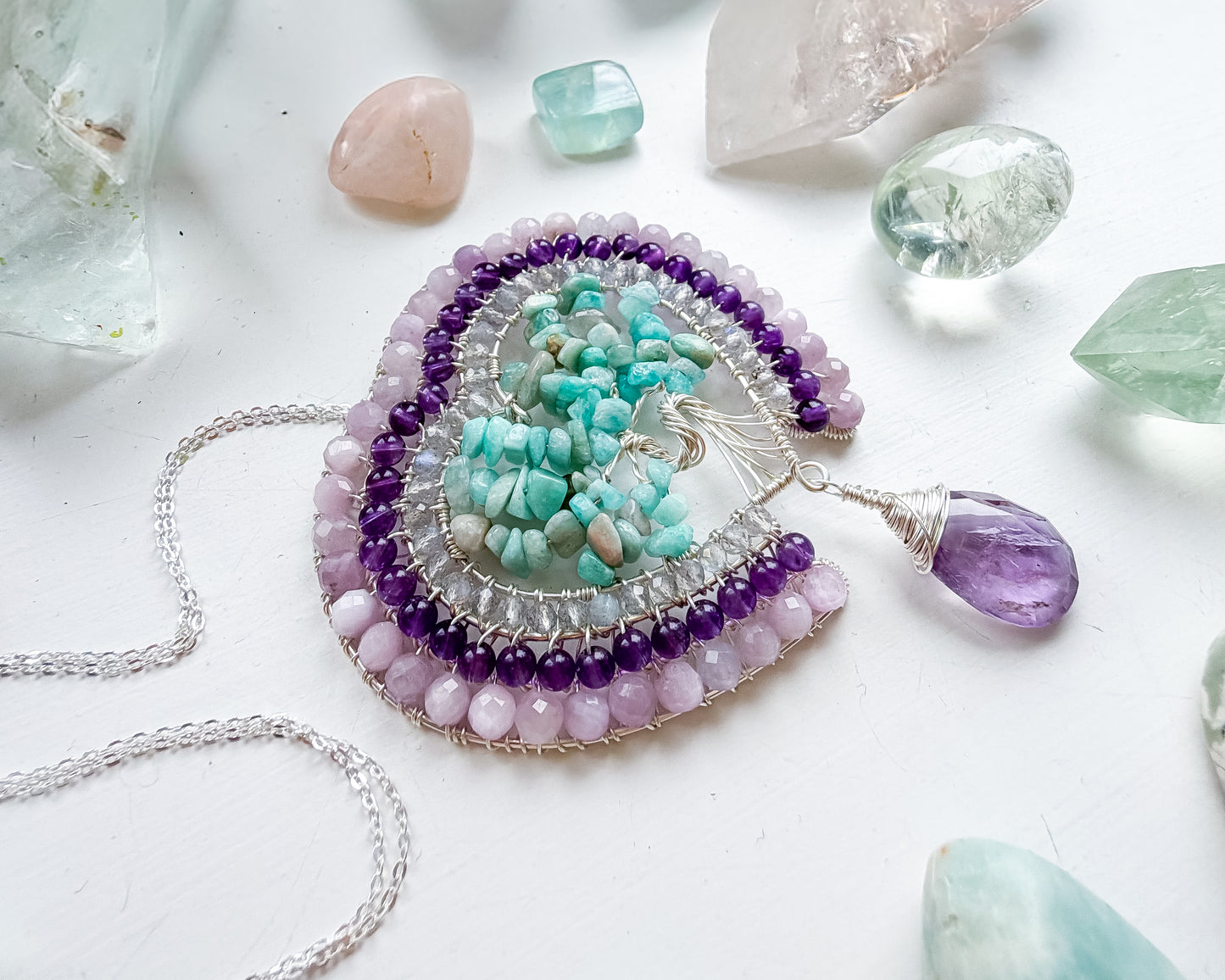 ✨💎🩷 Mystic Heart Tree Of Life Pendant 🩷💎✨ Amazonite, Labraorite, Amethyst and Kunzite Necklace