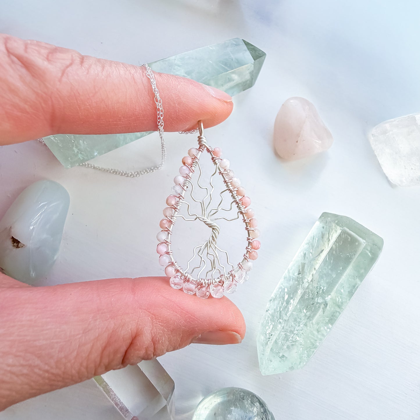 🩷✨Heart Chakra Tree of Life ✨🩷 – Pink Opal & Clear Quartz Necklace