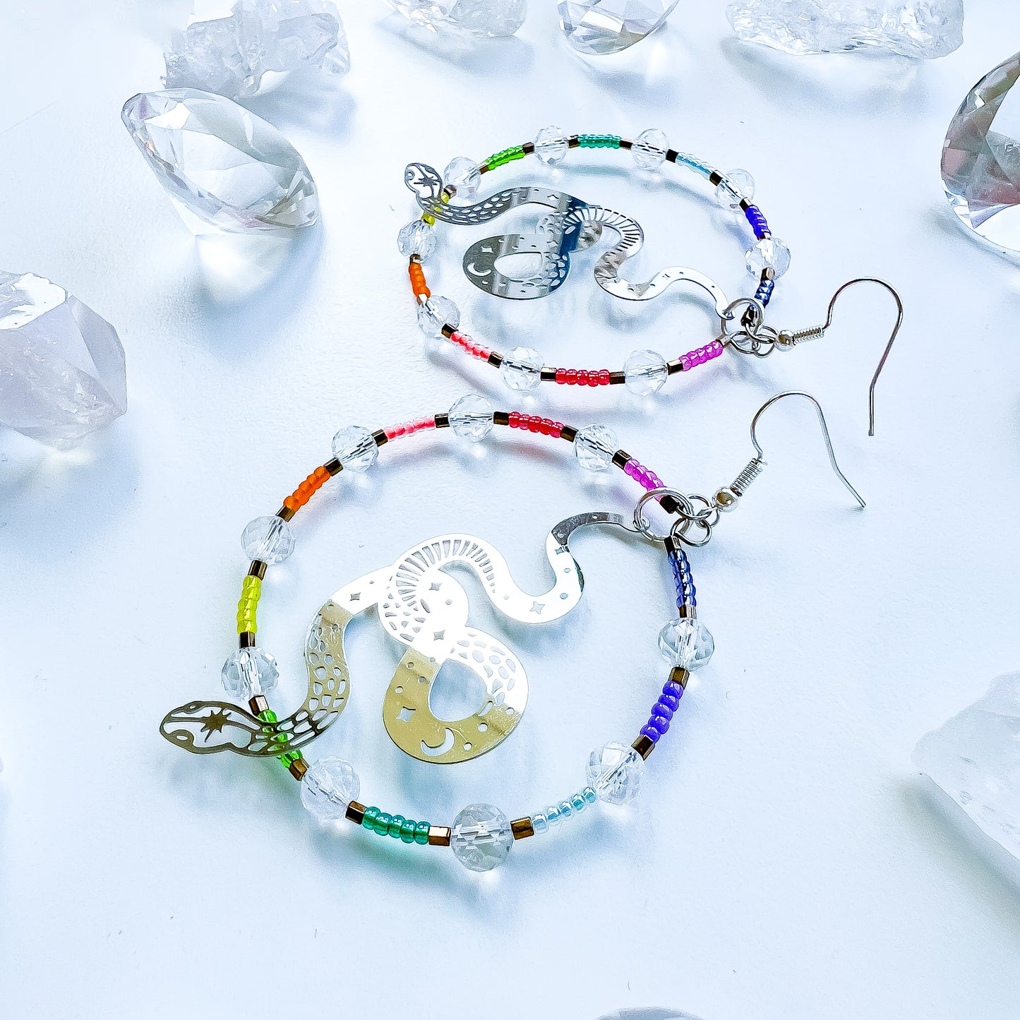 Silver snake, clear quartz rainbow statement hoop earrings