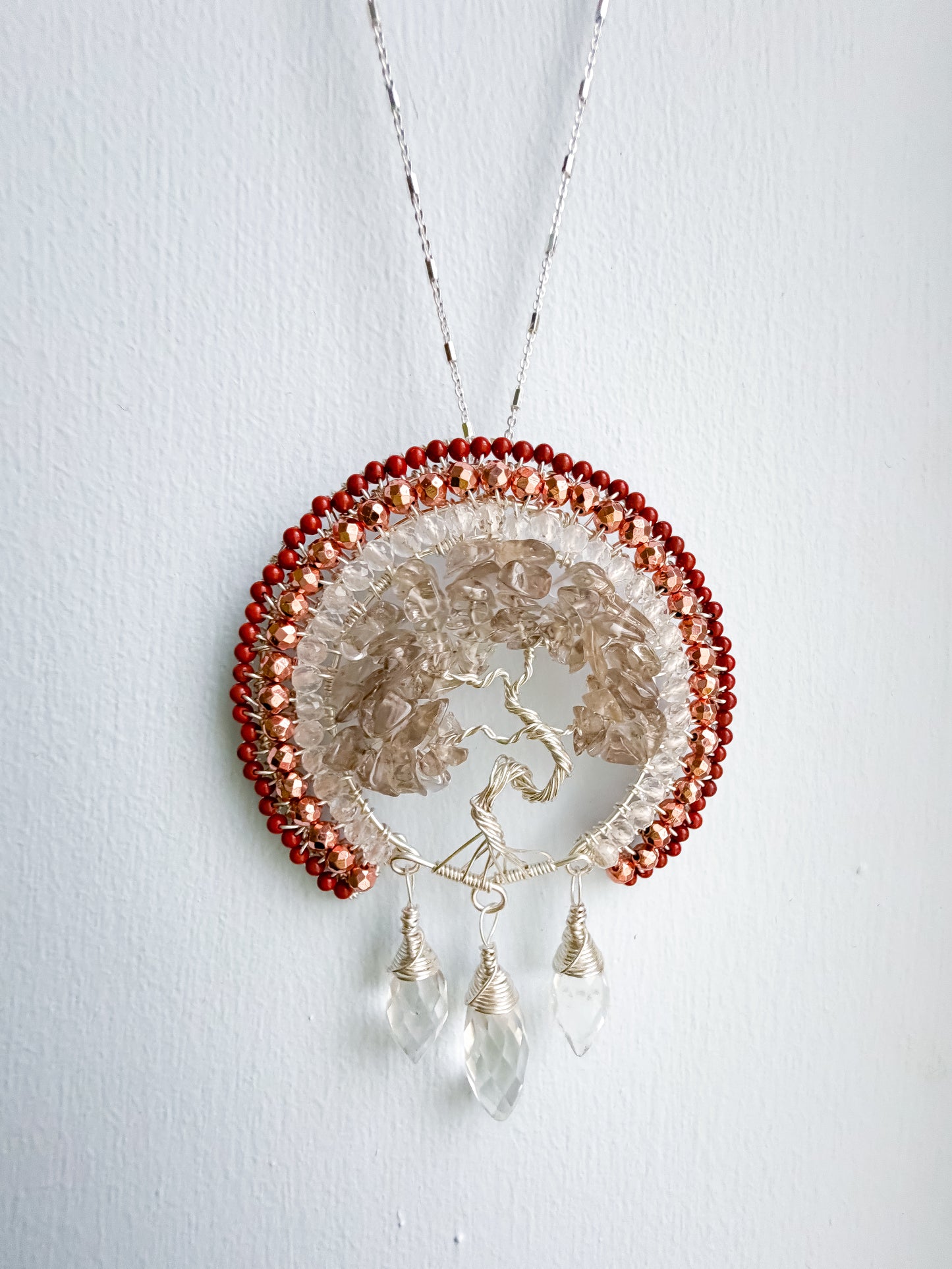 🌳 Where You Stand, You Shine – Grounding Light Tree of Life Talisman Necklace with Smoky Quartz, Clear Quartz, Red Jasper and Rose coloured Hematite