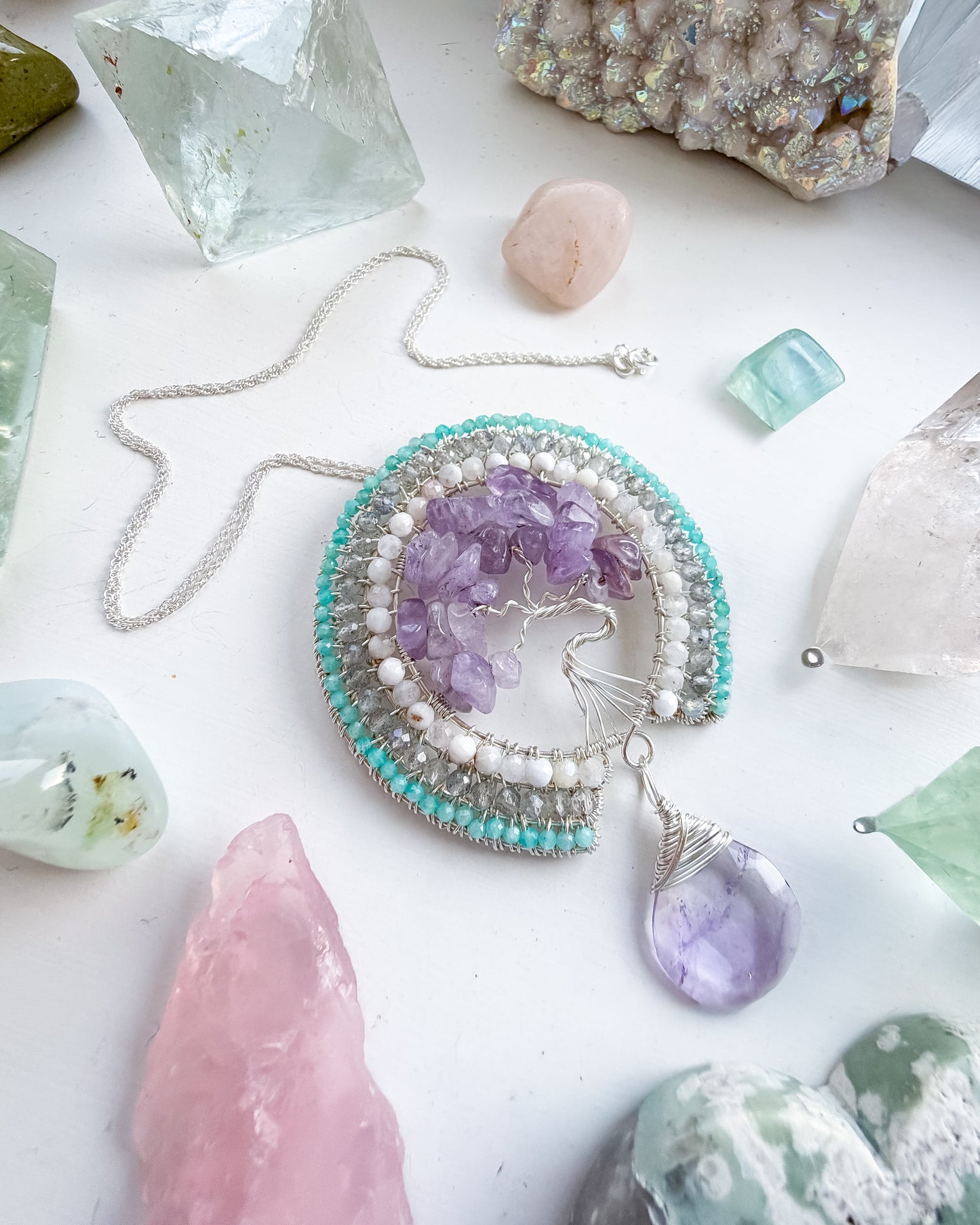 ✨🌸🌊 Inner Serenity Tree Of Life Pendant 🌊🌸✨ Lavender Amethyst, Moonstone, Labraorite, Amazonite and Pink Amethyst Necklace