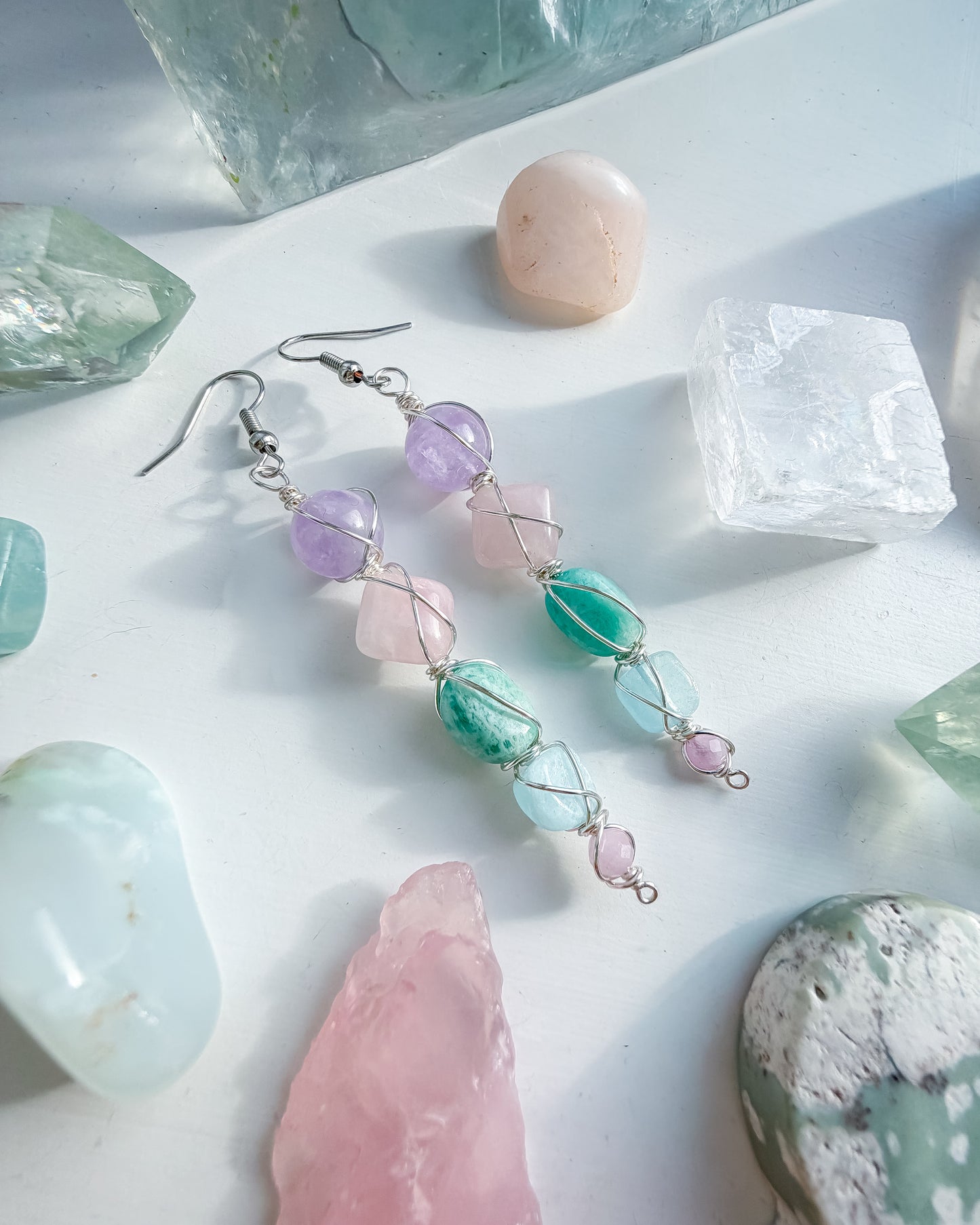 ✨🌈💎 Sacred Heart Earrings 💎🌈✨ - Rose Quartz, Amazonite, Aquamarine, Kunzite and Amethyst Earrings