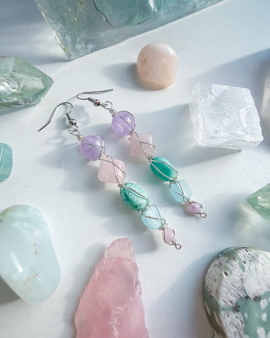 ✨🌈💎 Sacred Heart Earrings 💎🌈✨ - Rose Quartz, Amazonite, Aquamarine, Kunzite and Amethyst Earrings