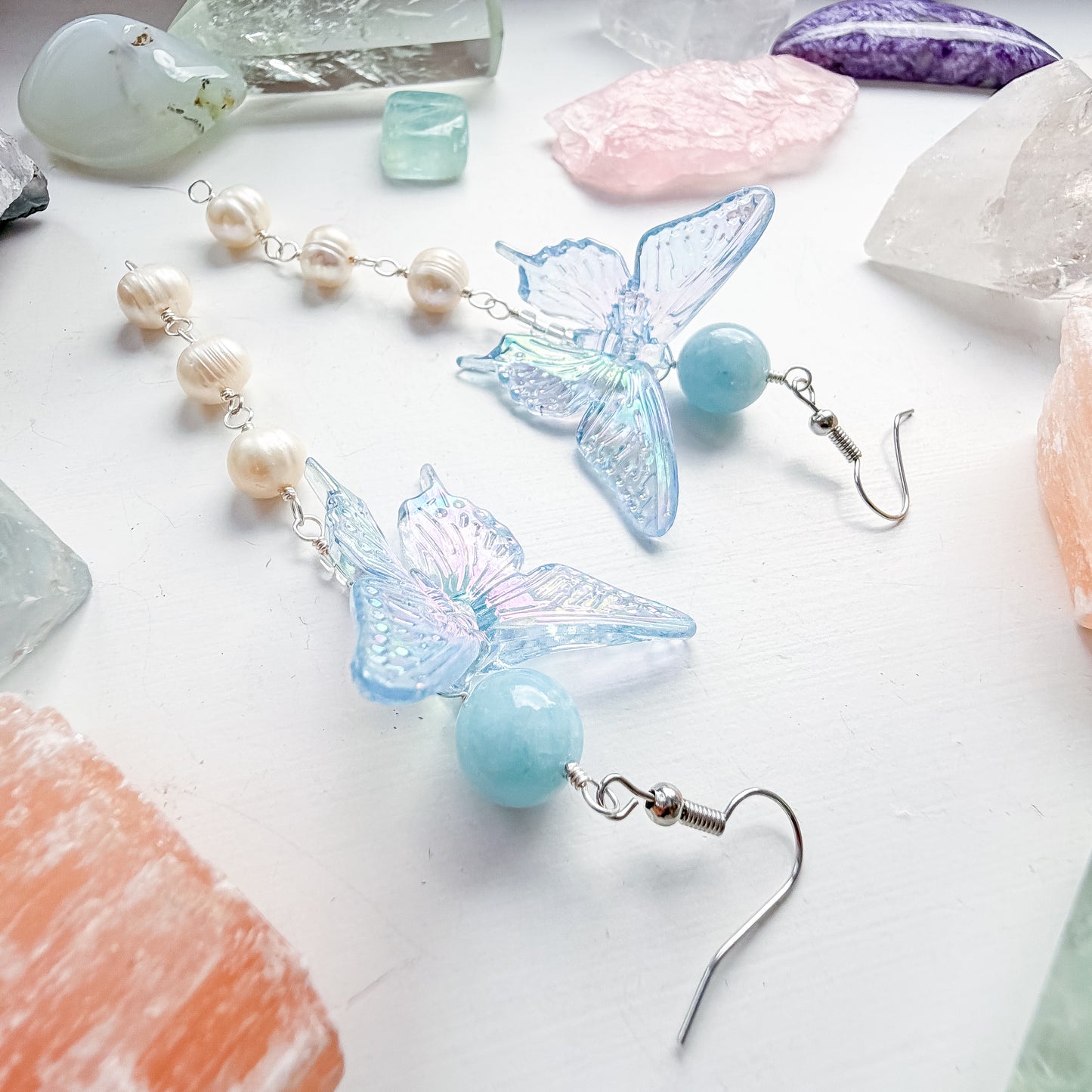 Blue butterfly + aquamarine + pearl drop chain earrings