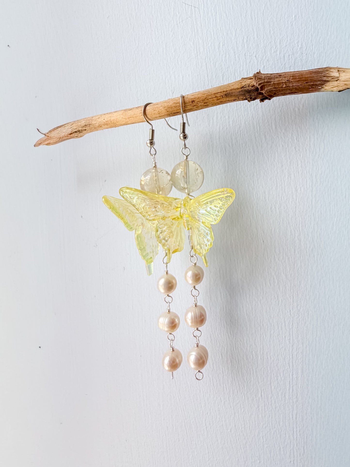 Yellow butterfly + citrine + pearl drop chain earrings