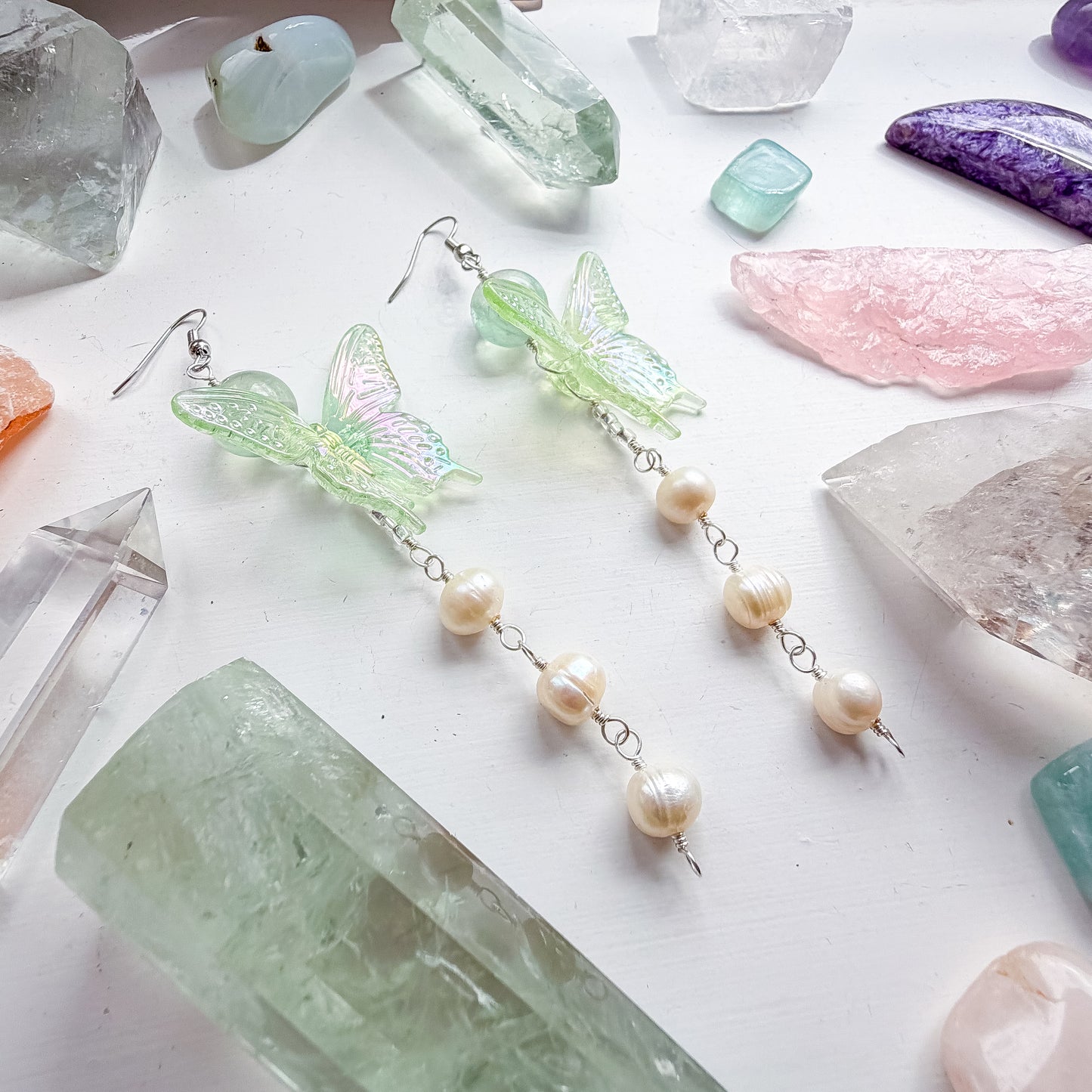 Green butterfly + fluorite + pearl drop chain earrings