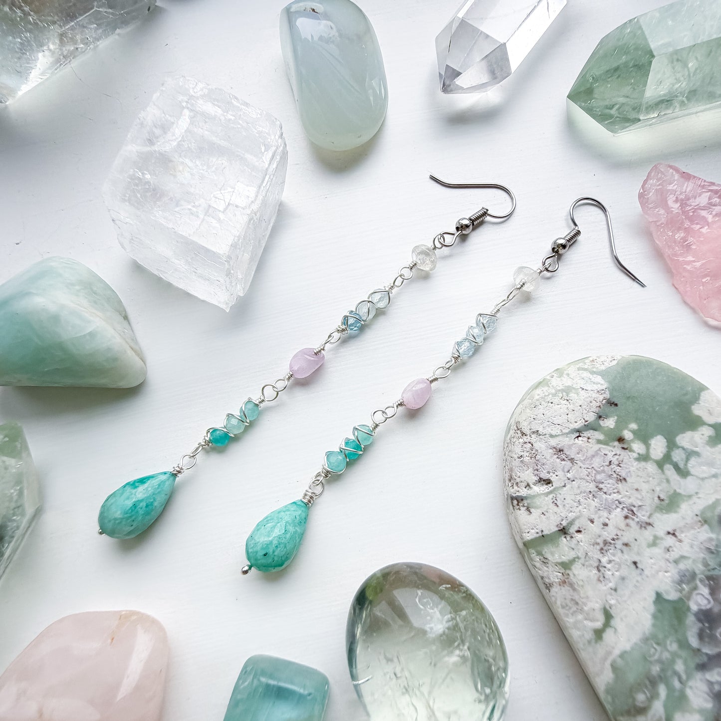 ✨💎💚 Dreaming Heart Earrings 💚💎✨ - Rainbow Moonstone, Amazonite, Aquamarine and Kunzite Earrings