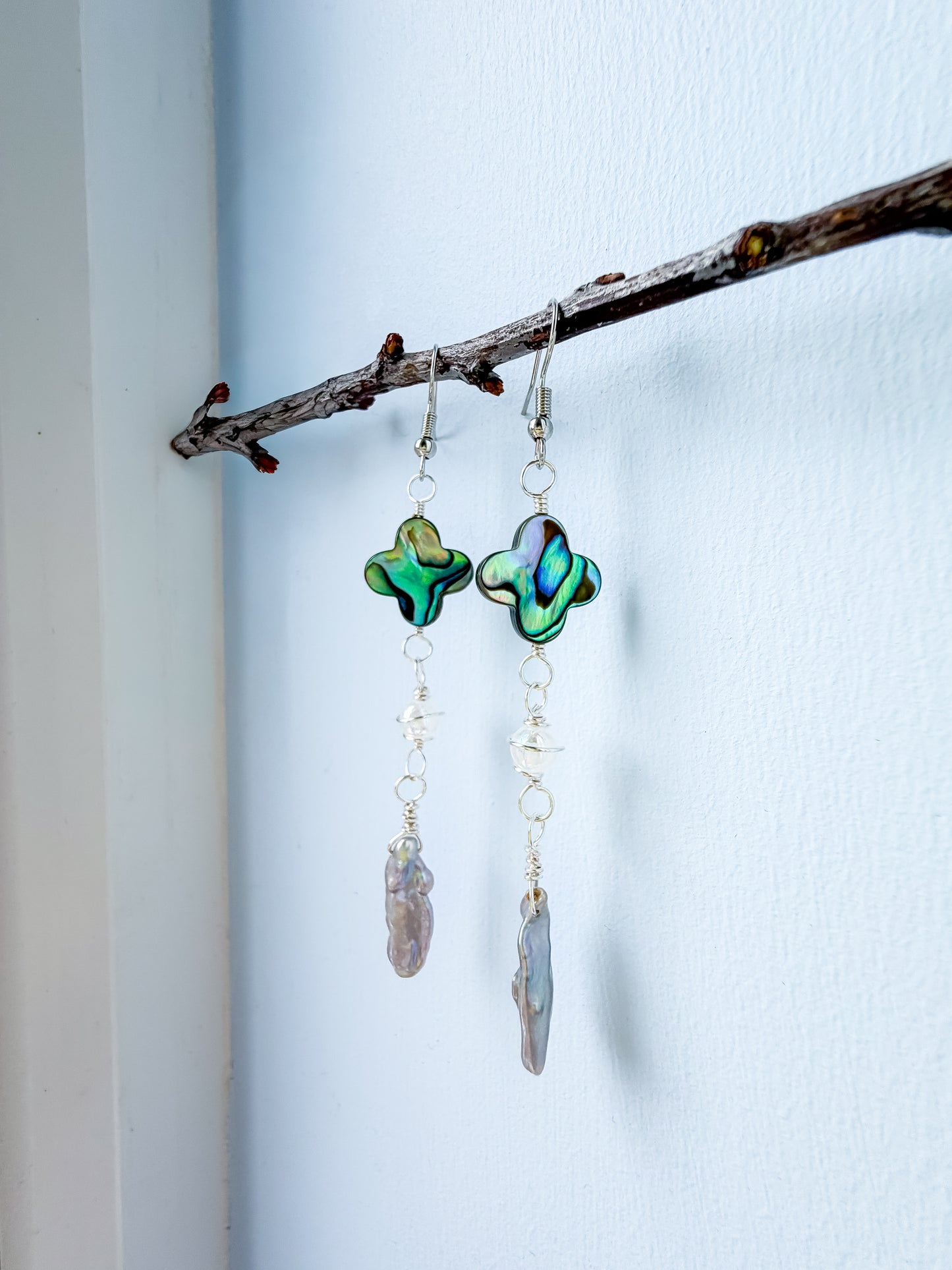 ✨💎 Atlantis Earrings 💎✨ Abalone & Silver Biwa Pearl Drop Earrings | Long Handmade Chain Earrings
