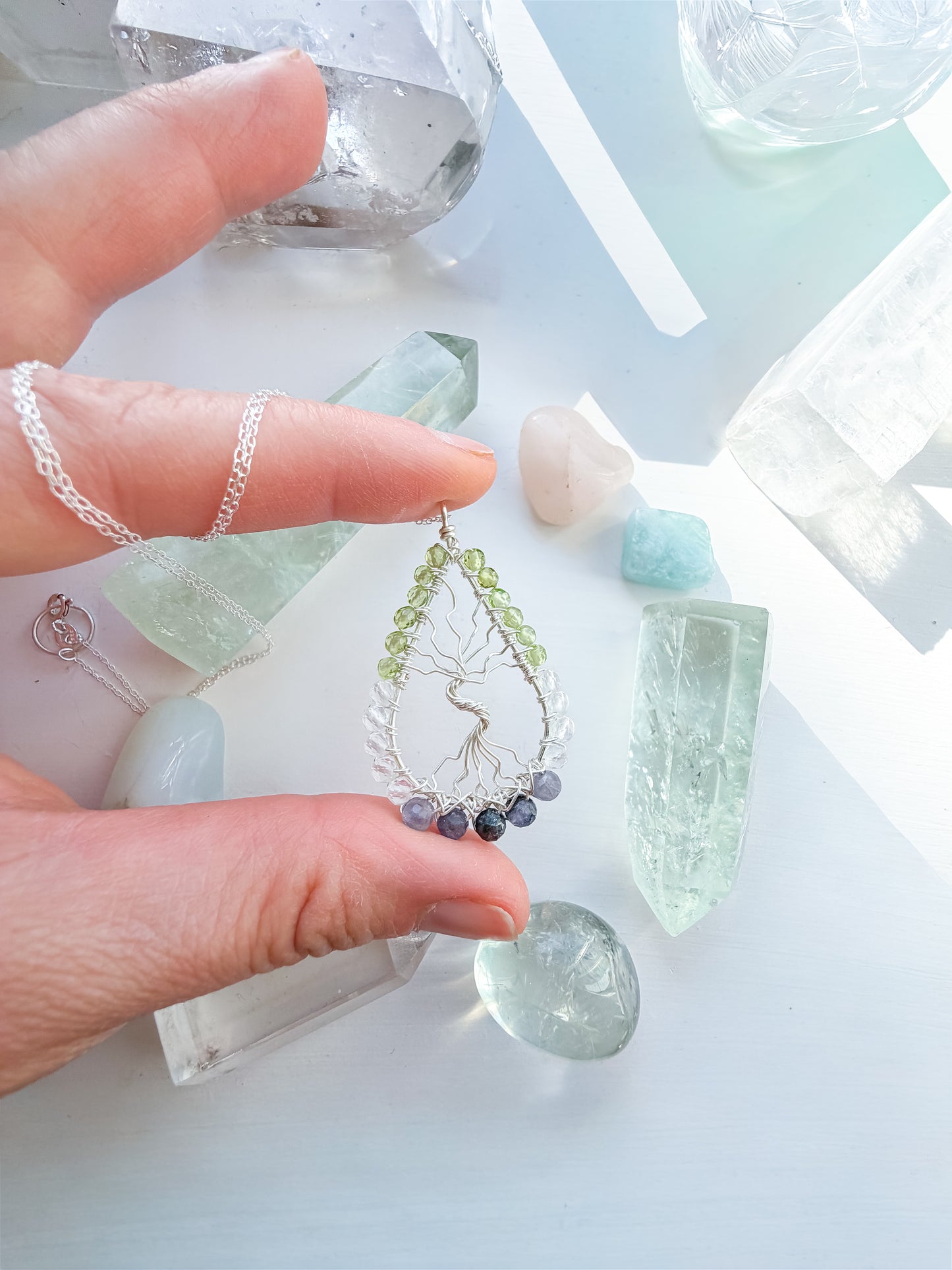 🌿✨ Iolite, Peridot & Clear Quartz Tree of Life Necklace ✨🌿