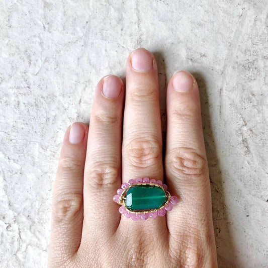 Pink sapphire and green onyx ring