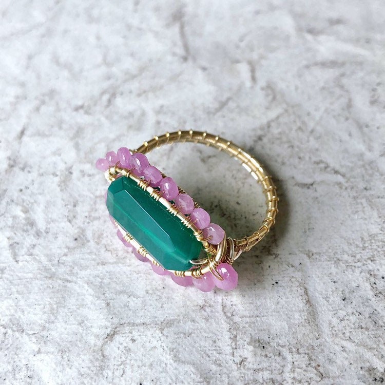 Pink sapphire and green onyx ring