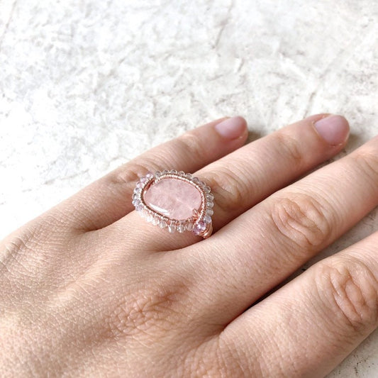 Pink morganite and rainbow fluorite ring