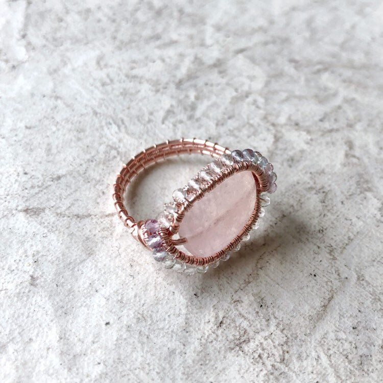 Pink morganite and rainbow fluorite ring